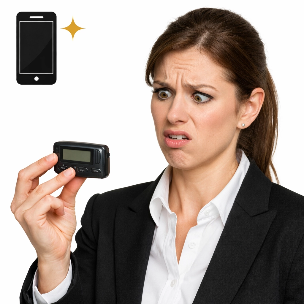 Woman confused by a 90s pager, representing outdated employee handbook policies in need of spring cleaning.