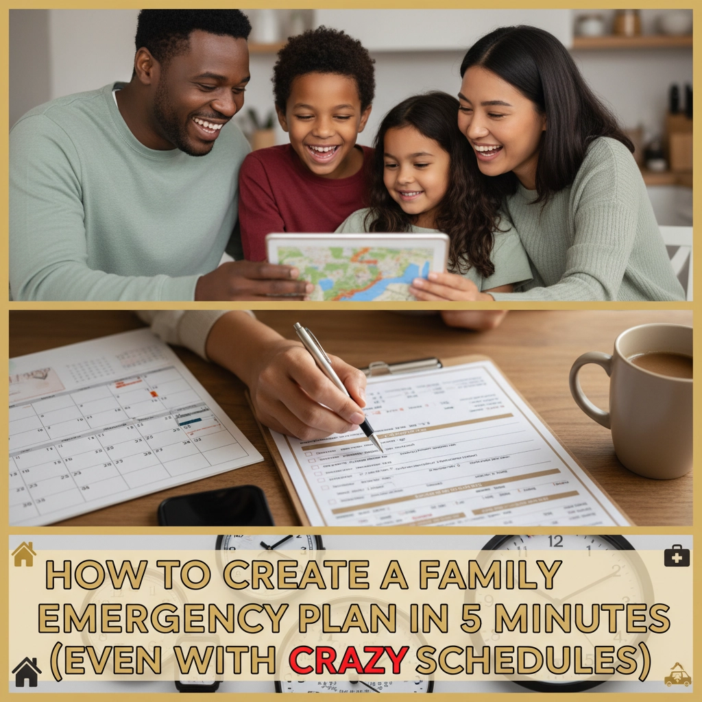 A picture of a family in their kitchen looking at a map. How to Create a Family Emergency Plan in 5 Minutes (Even with Crazy Schedules)