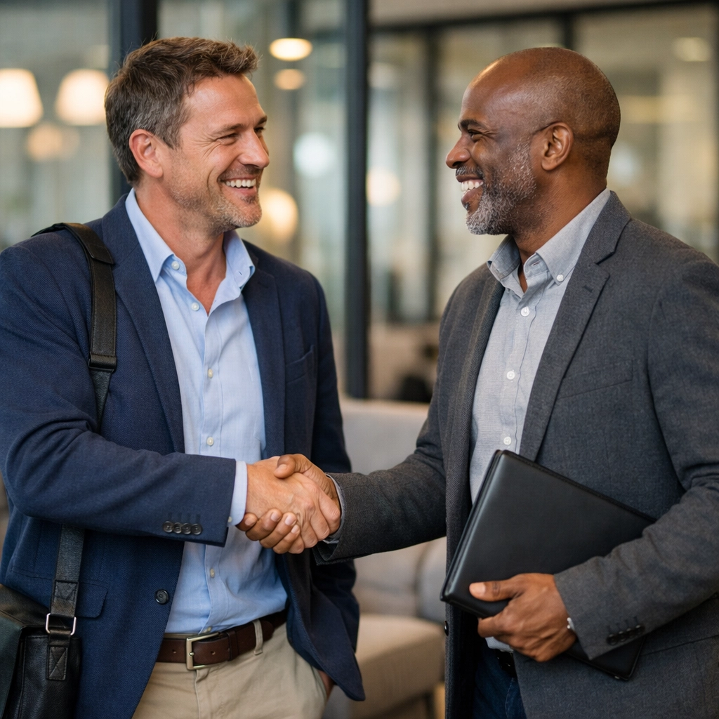 Two business professionals shaking hands building MSP referral partnership