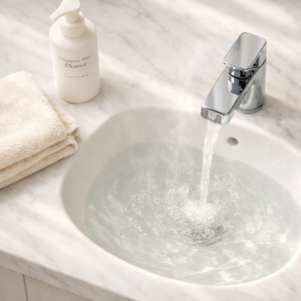 Gentle skincare routine with lukewarm water and fragrance-free cleanser for rosacea-prone skin