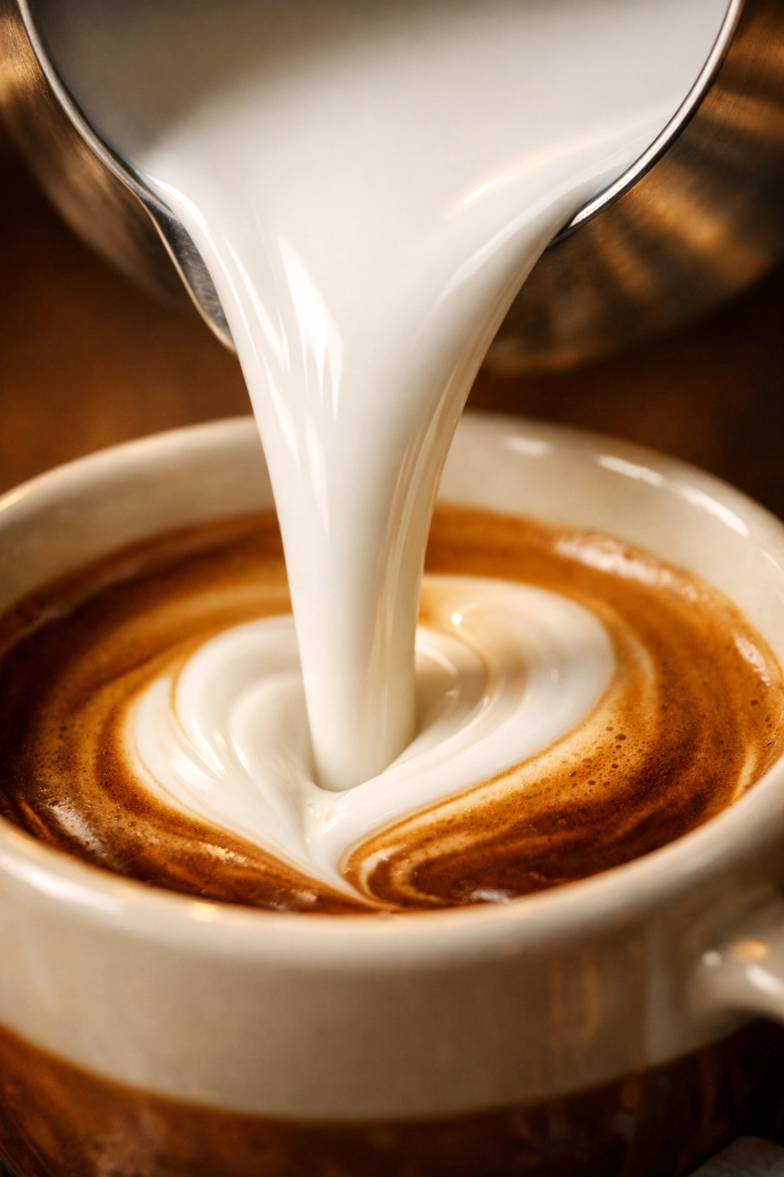 Silky microfoam being poured into espresso to create a professional café-quality latte at home.