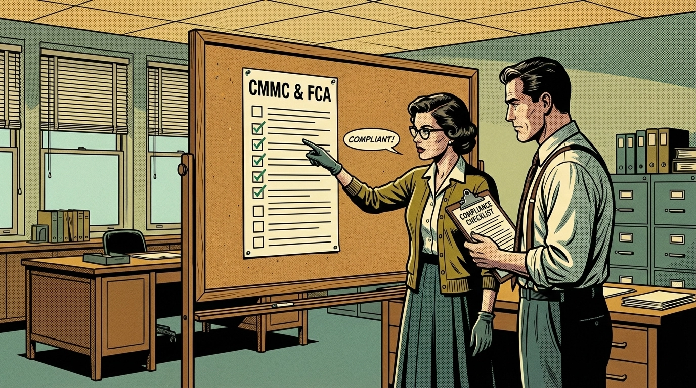 Compliance team reviewing cybersecurity requirements during DOJ audit, reflecting CMMC and False Claims Act enforcement