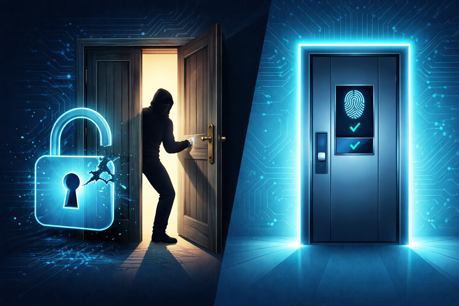 Illustration of outdated authentication being bypassed versus a secure modern login, highlighting Microsoft 365 security gaps.