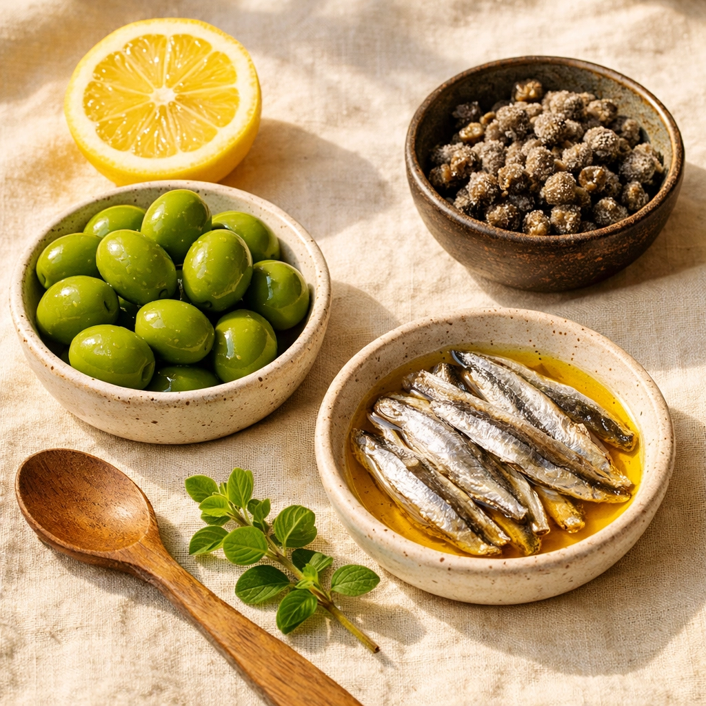 Artisanal bowls of Castelvetrano olives, salted capers, and anchovies, essential for a Sicilian pantry.