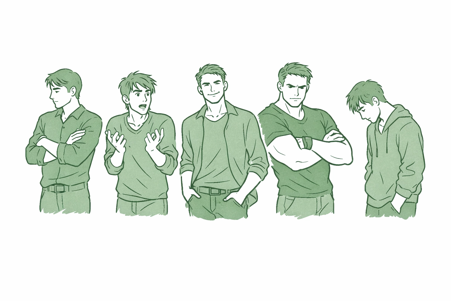 Five character archetypes in gay romance: guarded, neurotic, confident, possessive, and vulnerable men