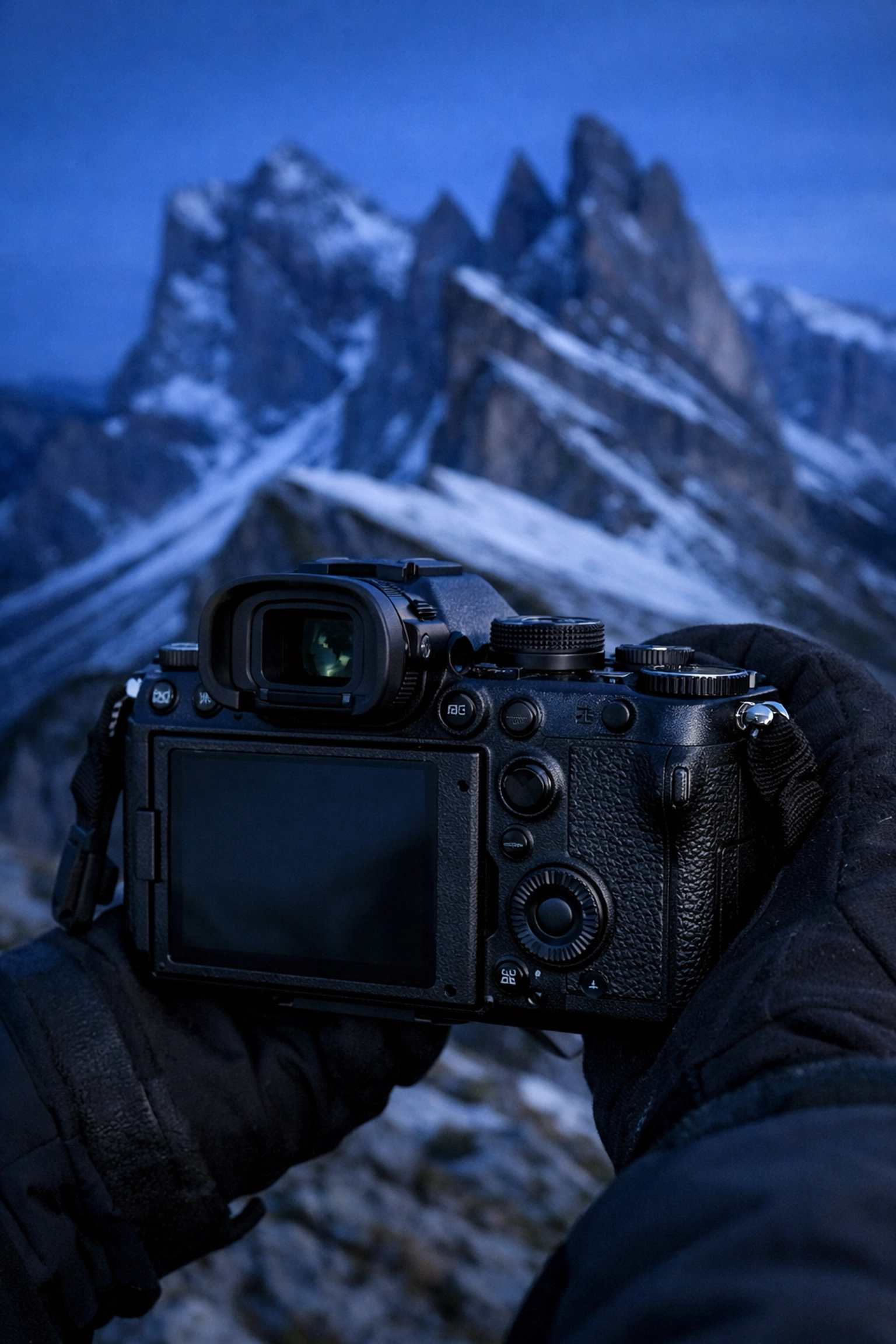 Does Authentic Photography Really Matter in 2026? (The Truth About AI vs. Art) 1 Photographer holding mirrorless camera in the Dolomites at blue hour, essential photography gear