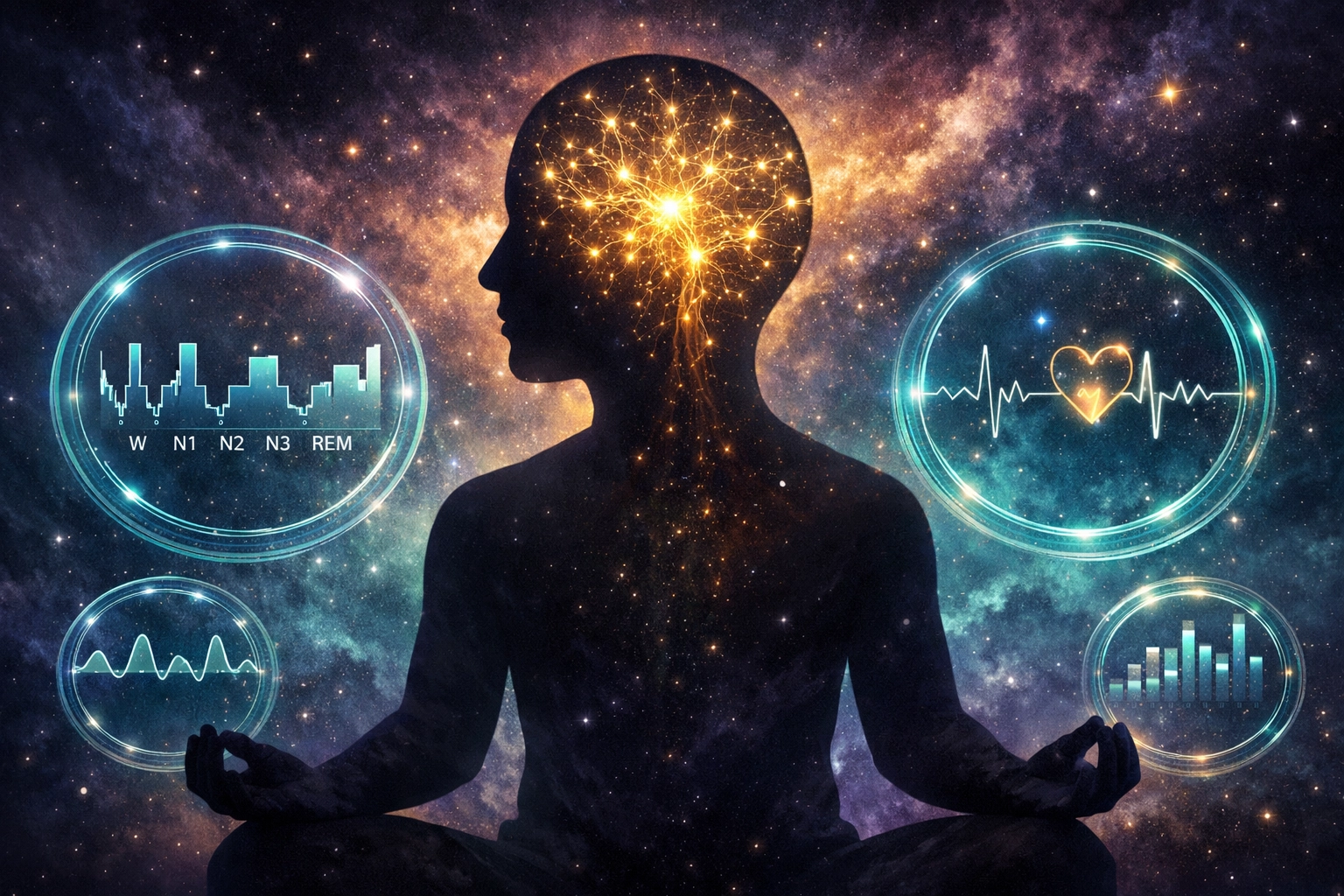 Visualization of cognitive health showing brain neural pathways and digital sleep data tracking.