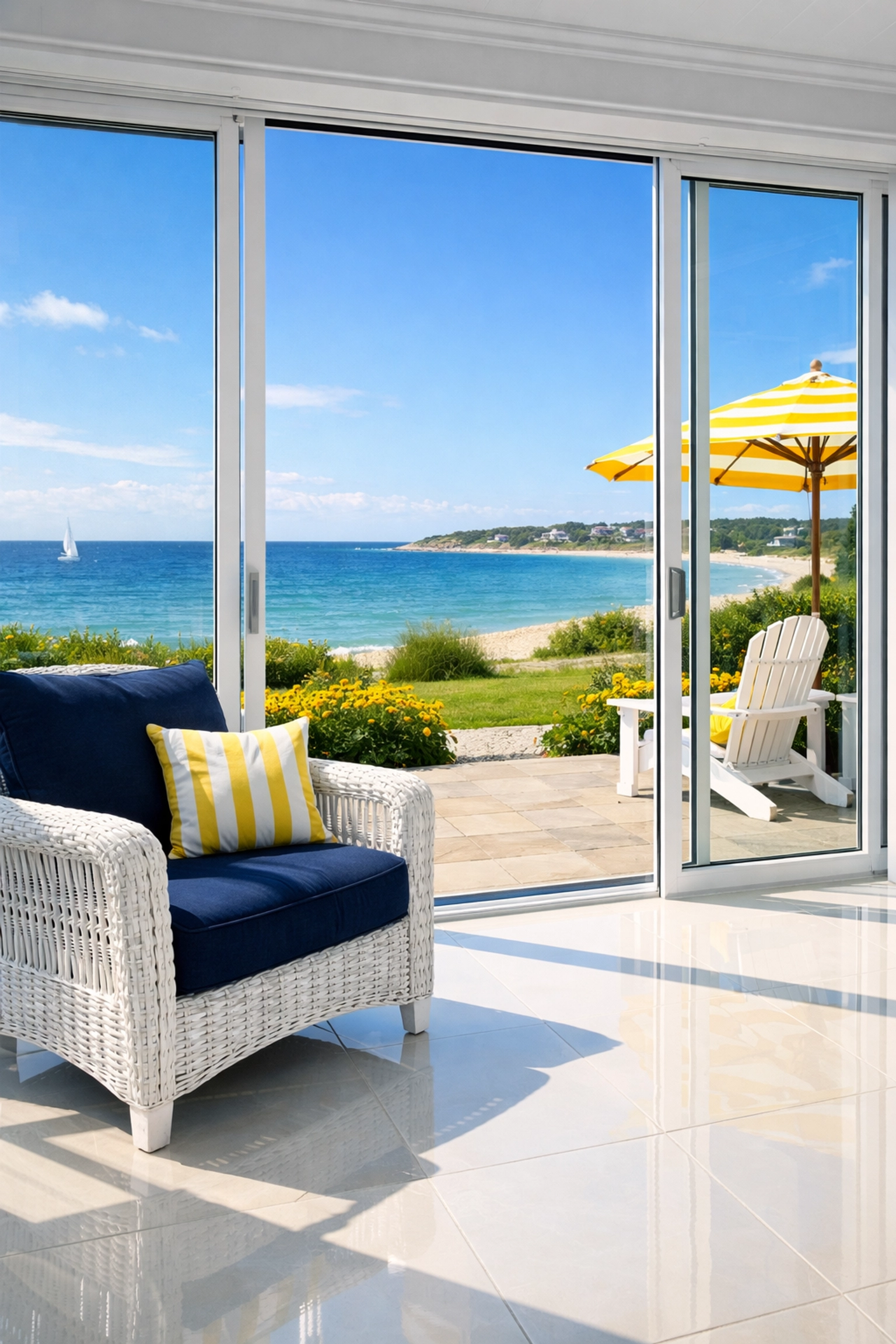 Clean New Seabury sunroom overlooking the ocean after a bi-weekly house cleaning appointment.