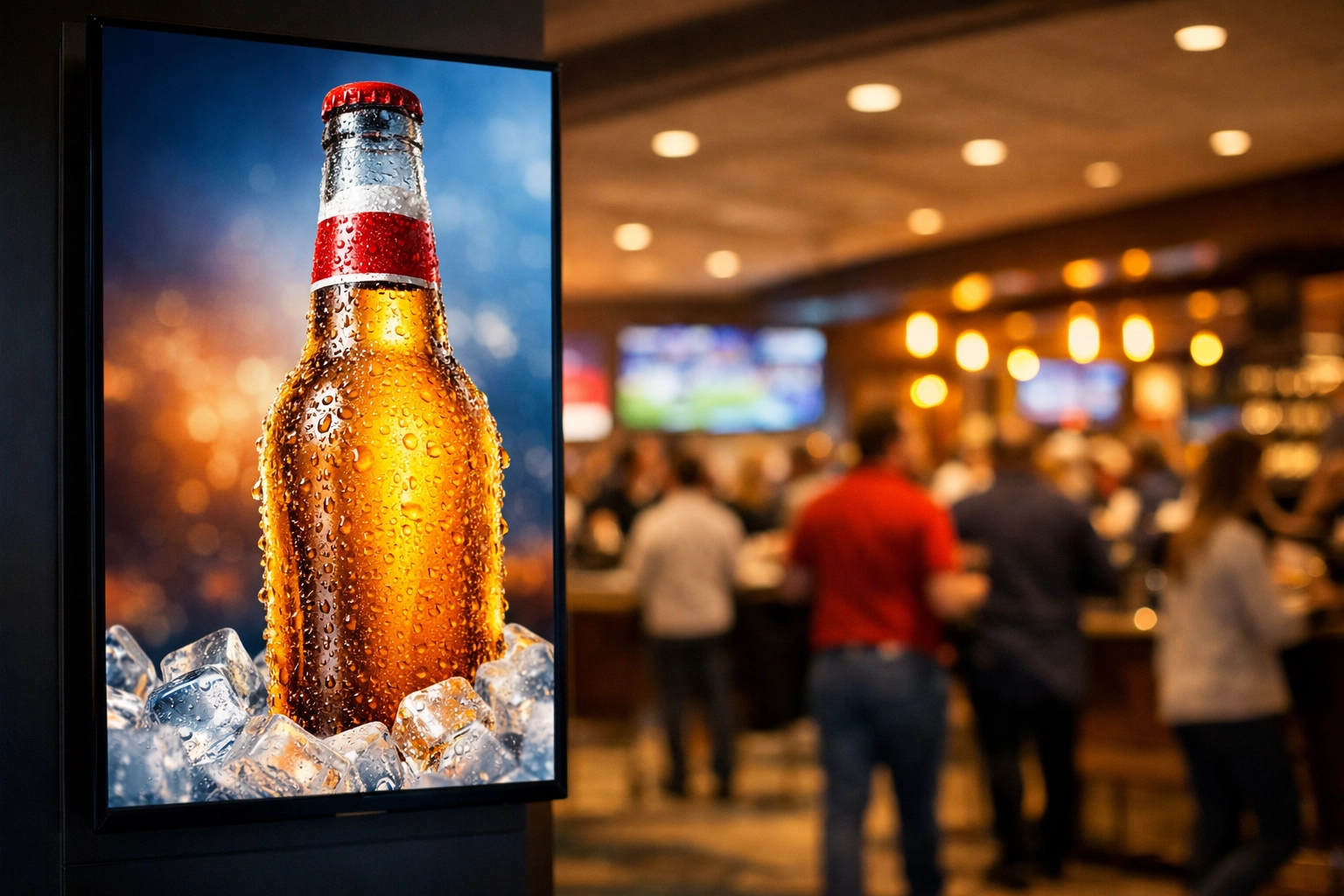 High-definition digital screen in a stadium concourse displaying a beverage advertisement to fans.