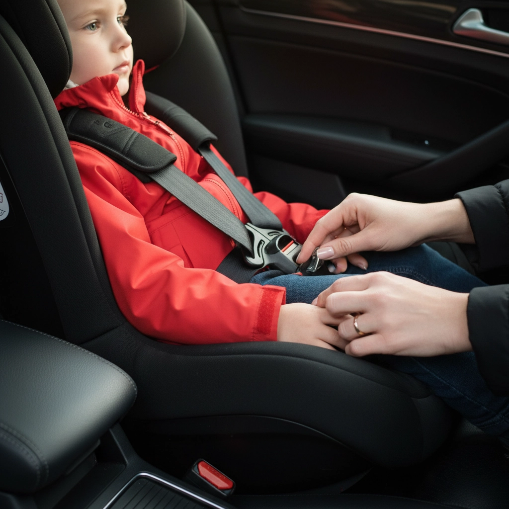 A mother secures her child in a car seat. Thanksgiving Travel Survival Guide: Navigating Drama Like a Pro