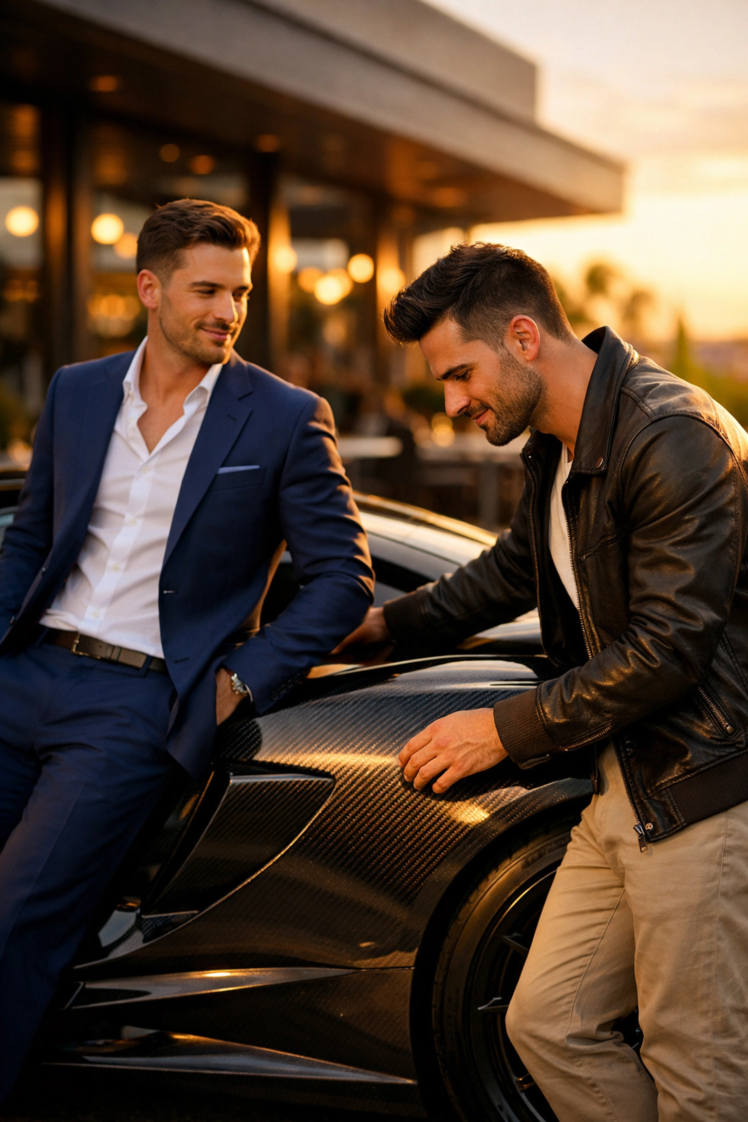 Two gay men admiring carbon fiber details on luxury McLaren supercar at sunset