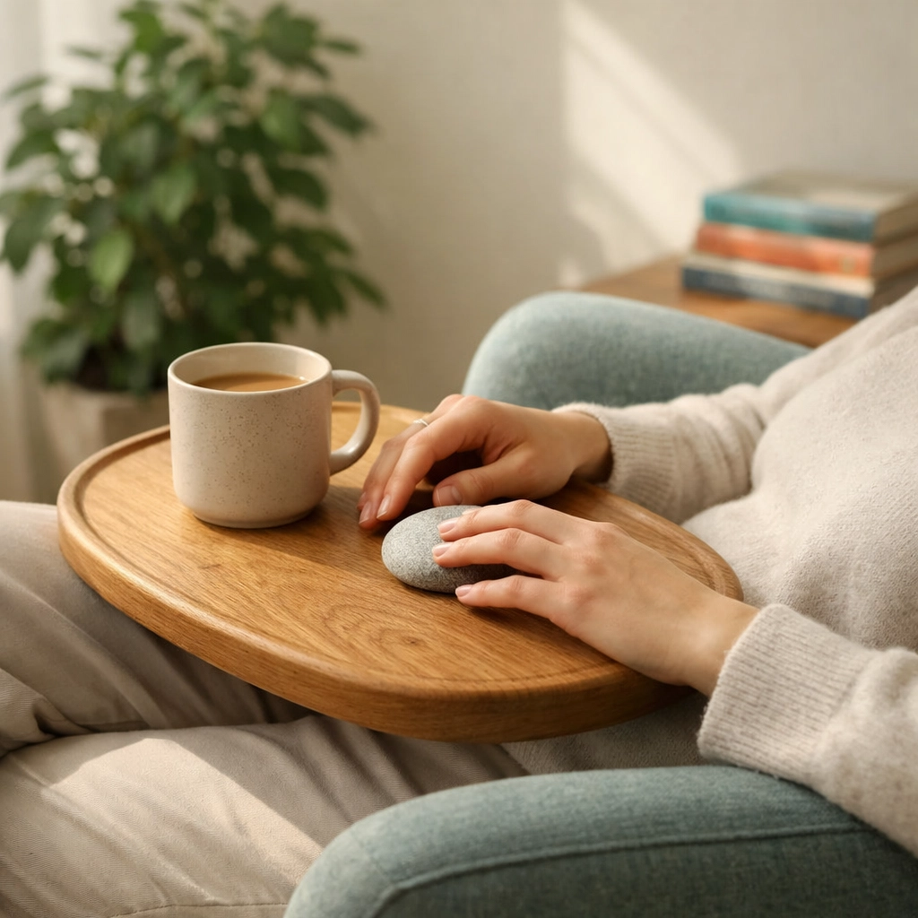 A person experiencing quiet relief from ADHD stigma in a warm, affirming therapy environment.