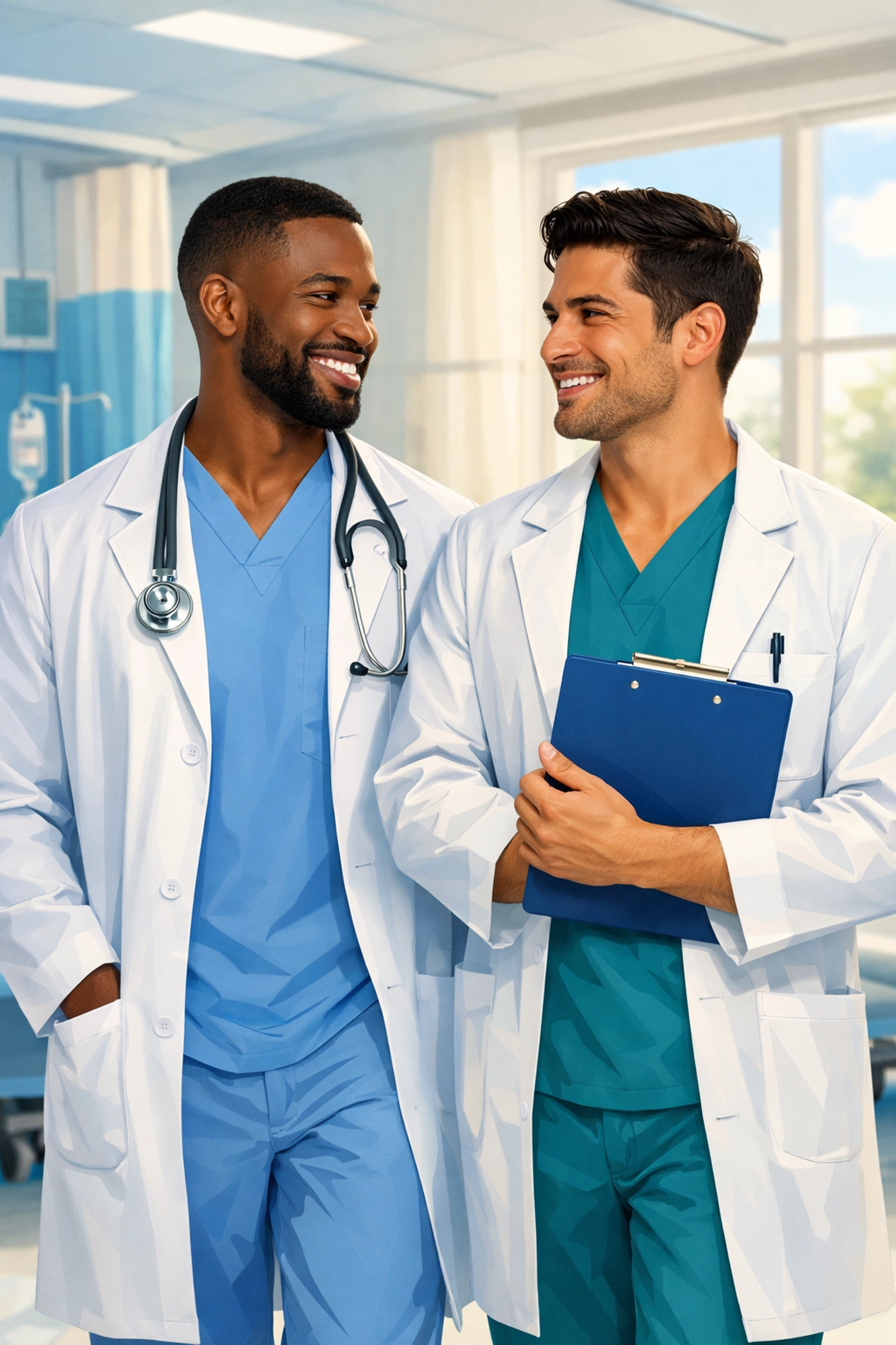 Diverse male doctors sharing a warm connection in a sunlit hospital ward, reflecting modern MM romance and gay fiction.