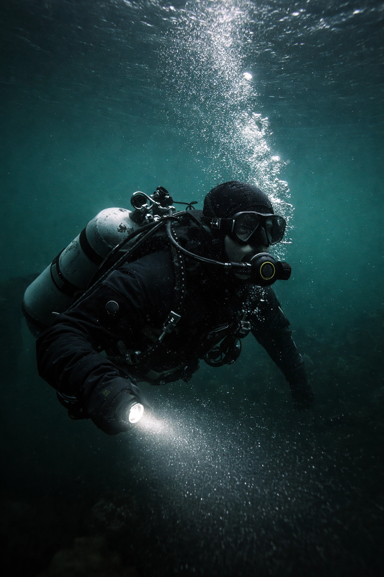 Technischer Taucher mit Scubaforce Black Devil beim Kaltwassertauchen in einem dunklen See