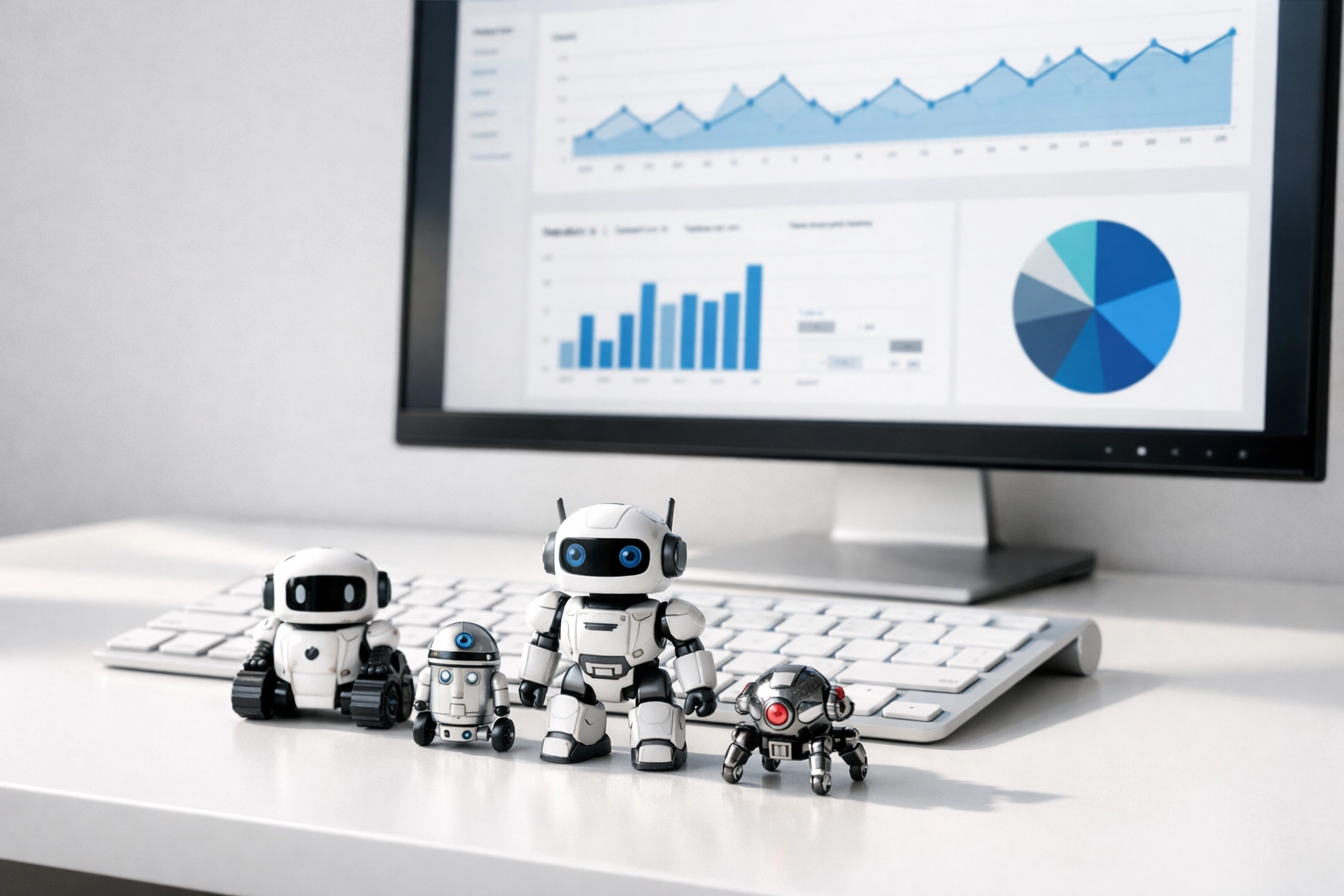 Analytics workspace with robots representing bot traffic contaminating GA4 data