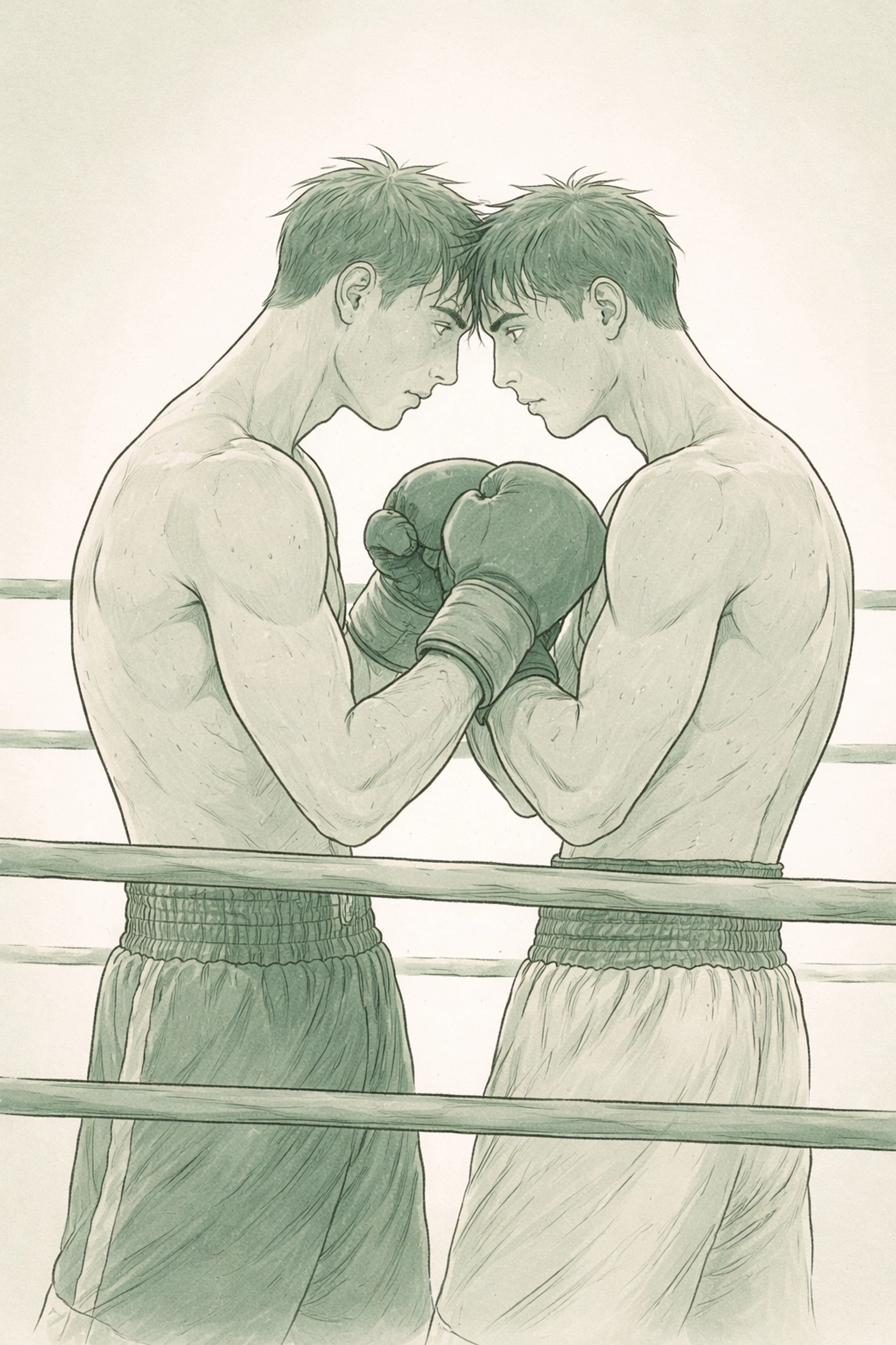 Two male boxers in a tense boxing ring clinch, eyes locked, capturing vulnerability in rivalry and intimacy.