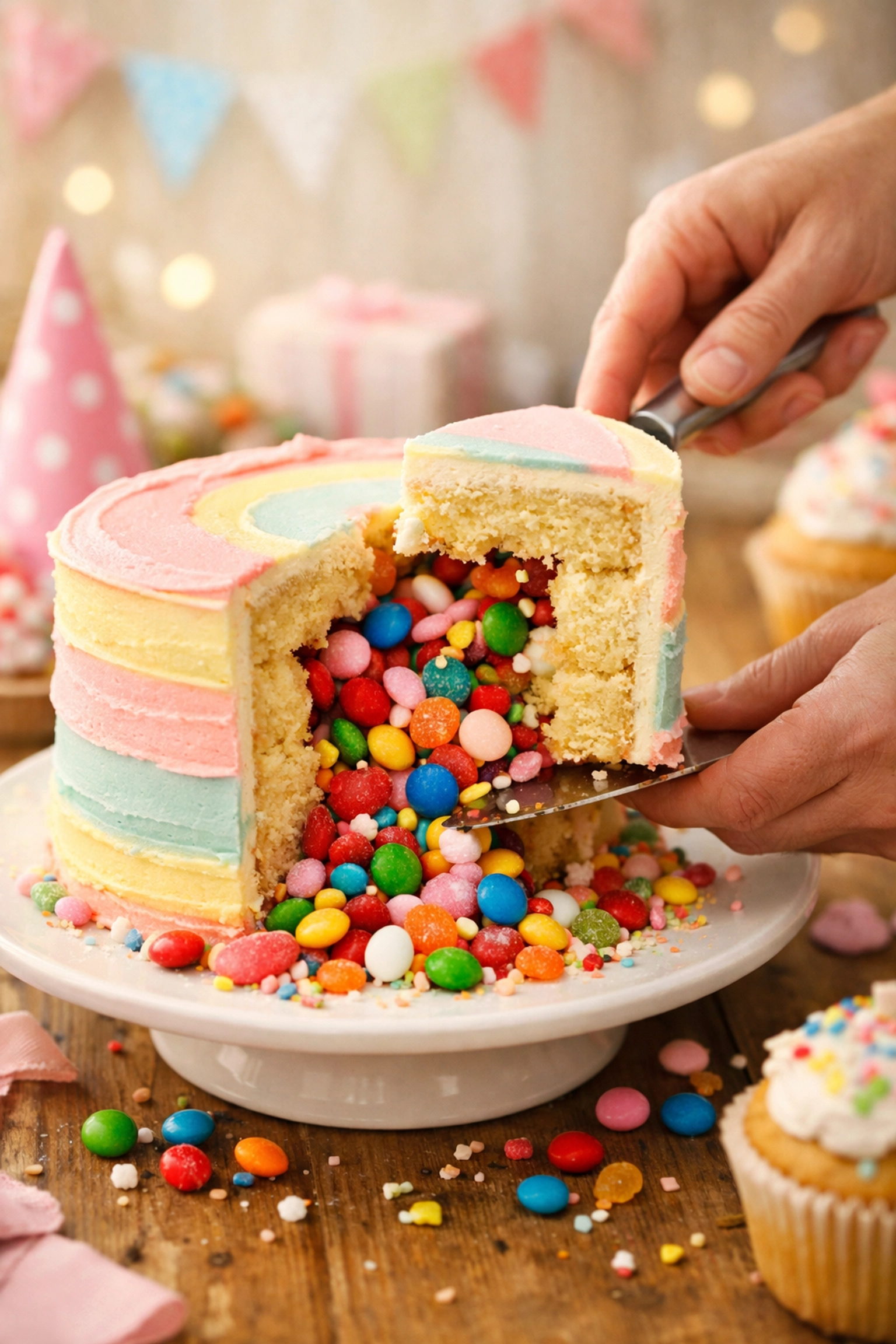 Piñata birthday cake being sliced with candy spilling out