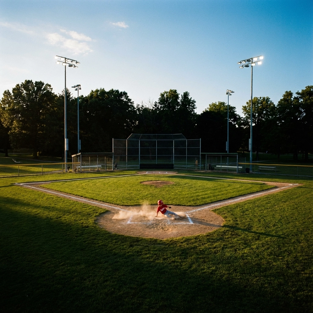 Coach inspecting youth baseball field lighting and surface safety