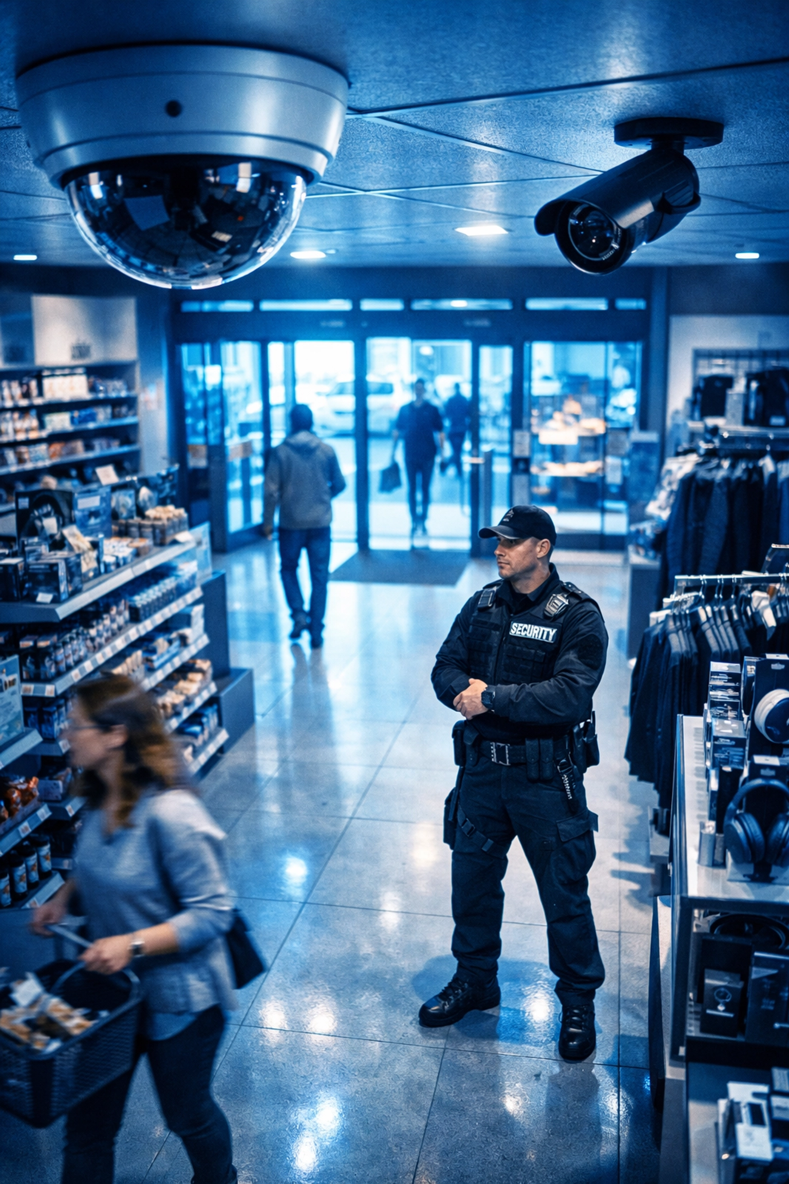 Retail security guard monitoring store entrance with overhead surveillance cameras ensuring theft prevention
