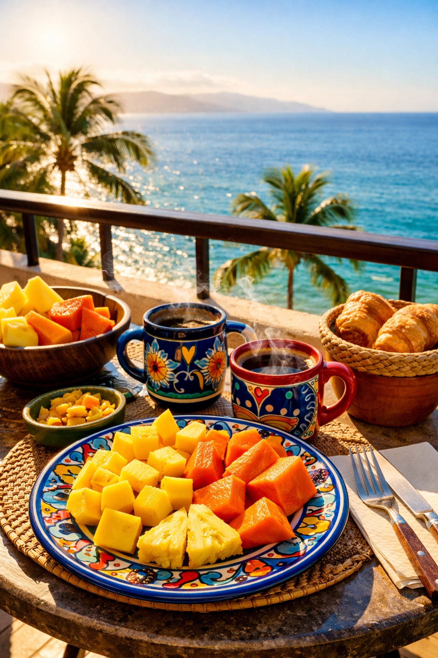 Romantic breakfast on Puerto Vallarta rental condo balcony overlooking the Pacific Ocean