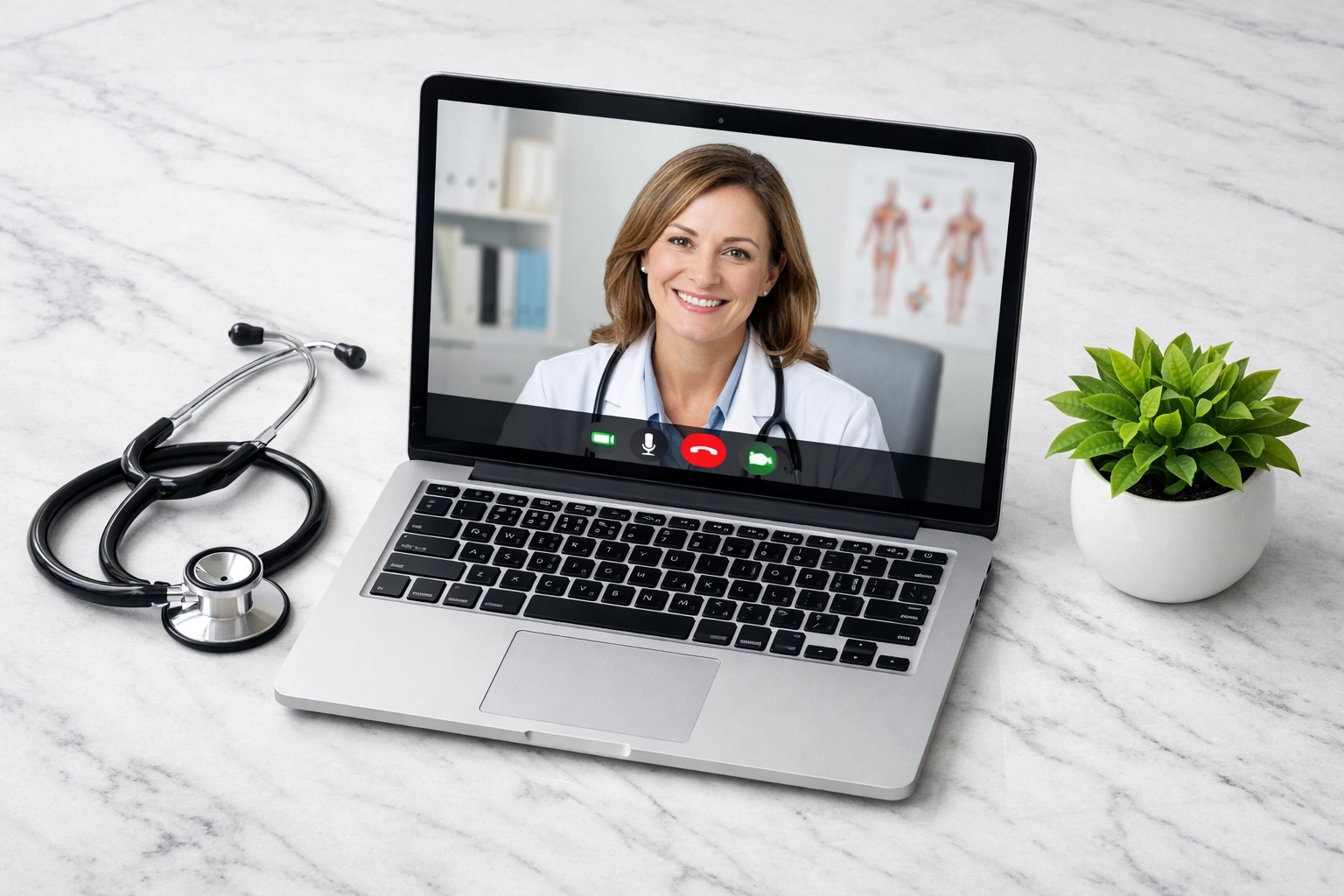 A professional telehealth Illinois consultation on a laptop screen with a clinical stethoscope nearby.