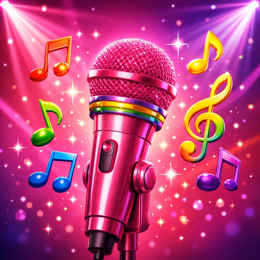 Pink microphone with rainbow musical notes celebrating LGBTQ+ pride and Pink Friday era inclusivity