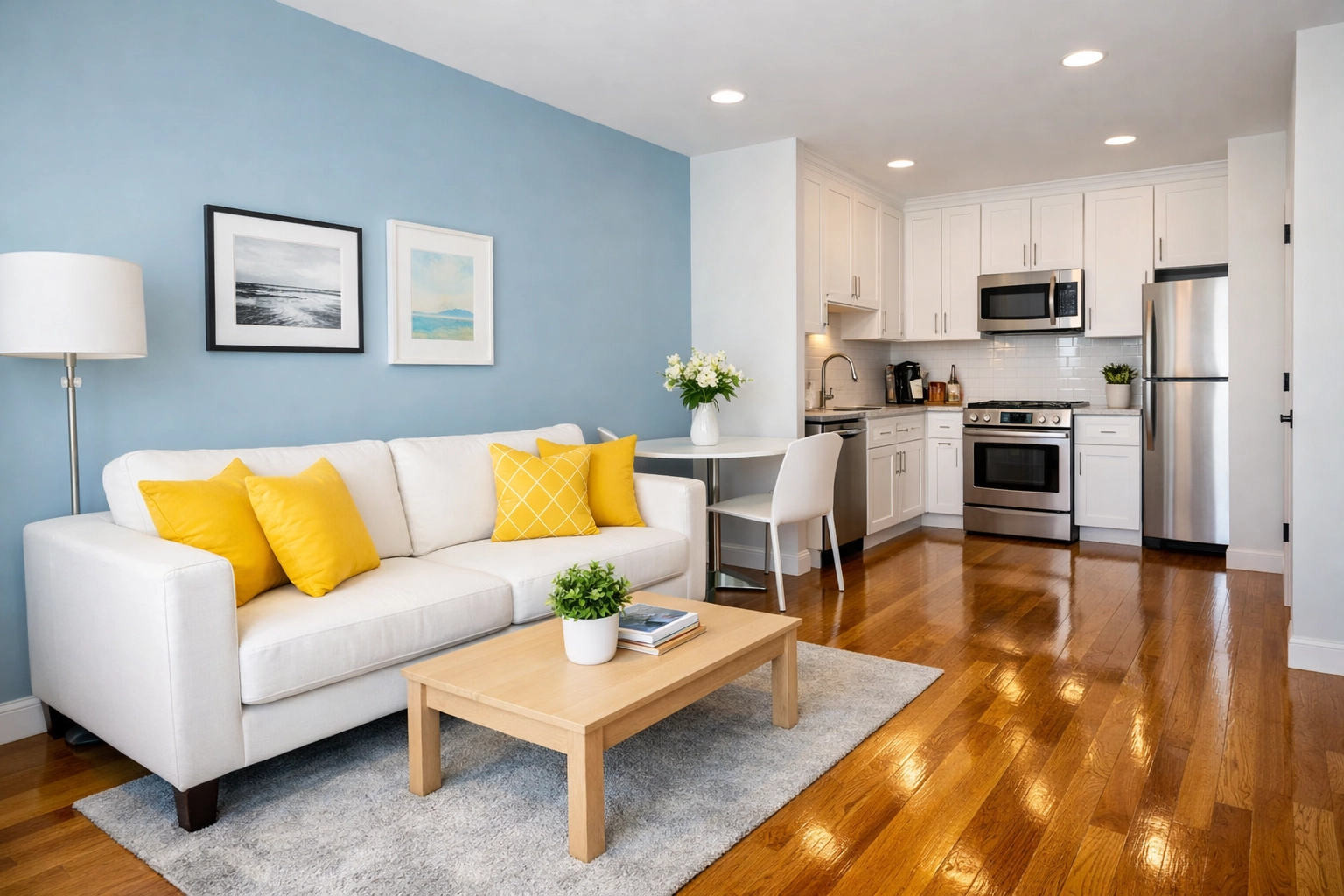 Clean studio apartment in Massachusetts showing tidy living space and kitchen, ideal for apartment cleaning cost.