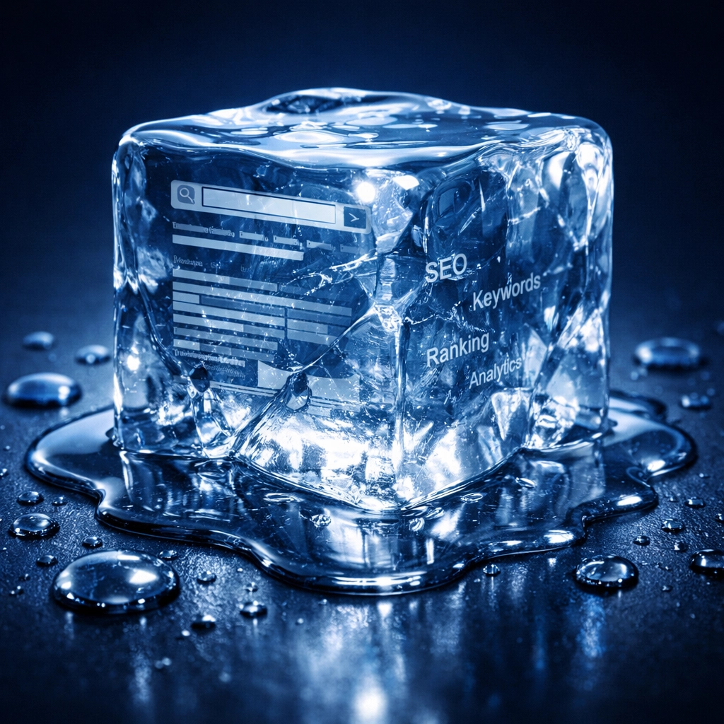 Melting ice cube containing traditional SEO elements symbolizing declining value of legacy search marketing Melting ice cube containing traditional SEO elements symbolizing declining value of legacy search marketing