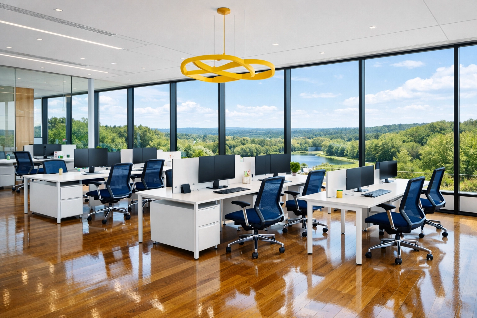 Modern open-concept office in Marlborough with desks and polished floors cleaned by professional commercial cleaning.