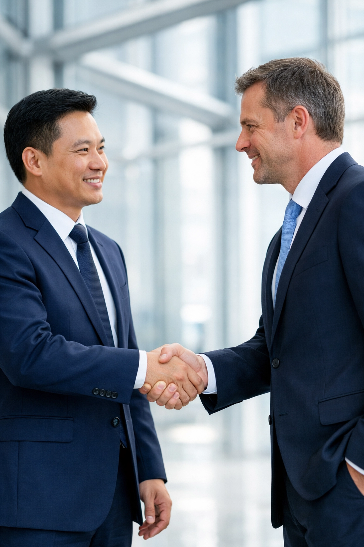 International and Vietnamese executives shaking hands after a successful FDI investment meeting.