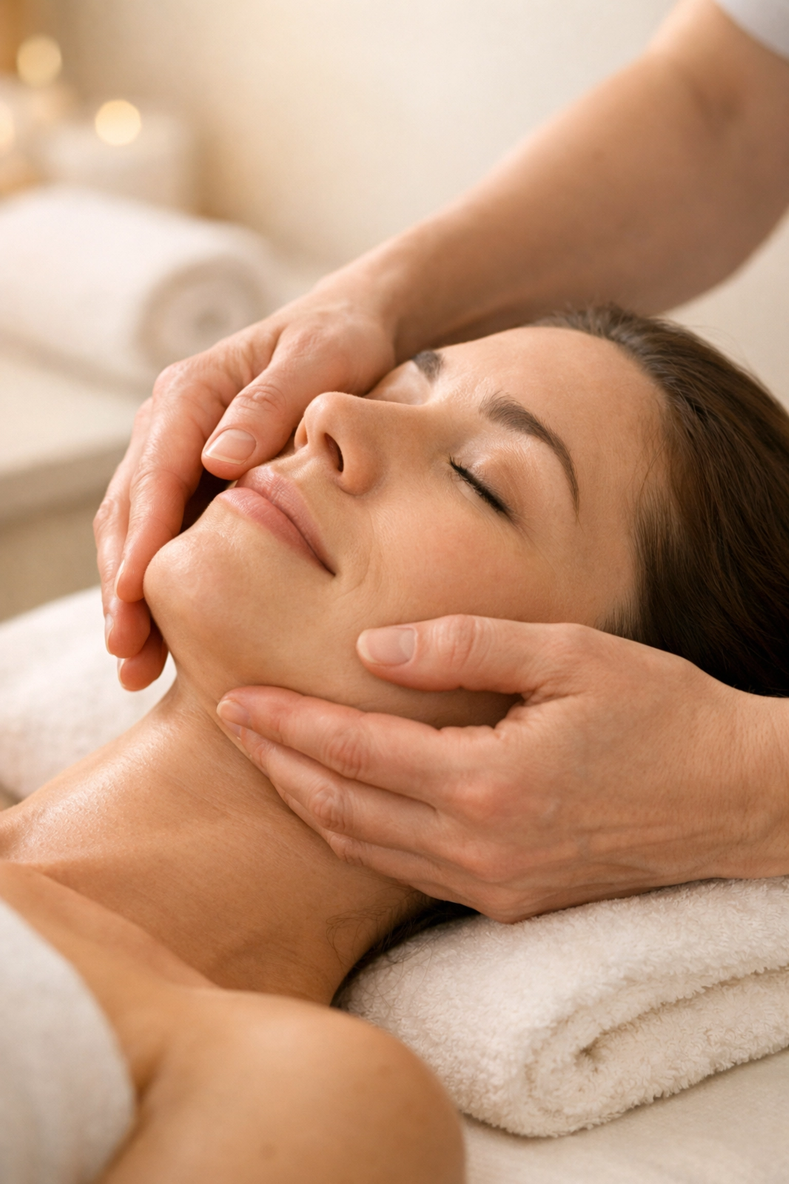 Professional massage therapist providing targeted TMJ relief on a client's jaw muscle.