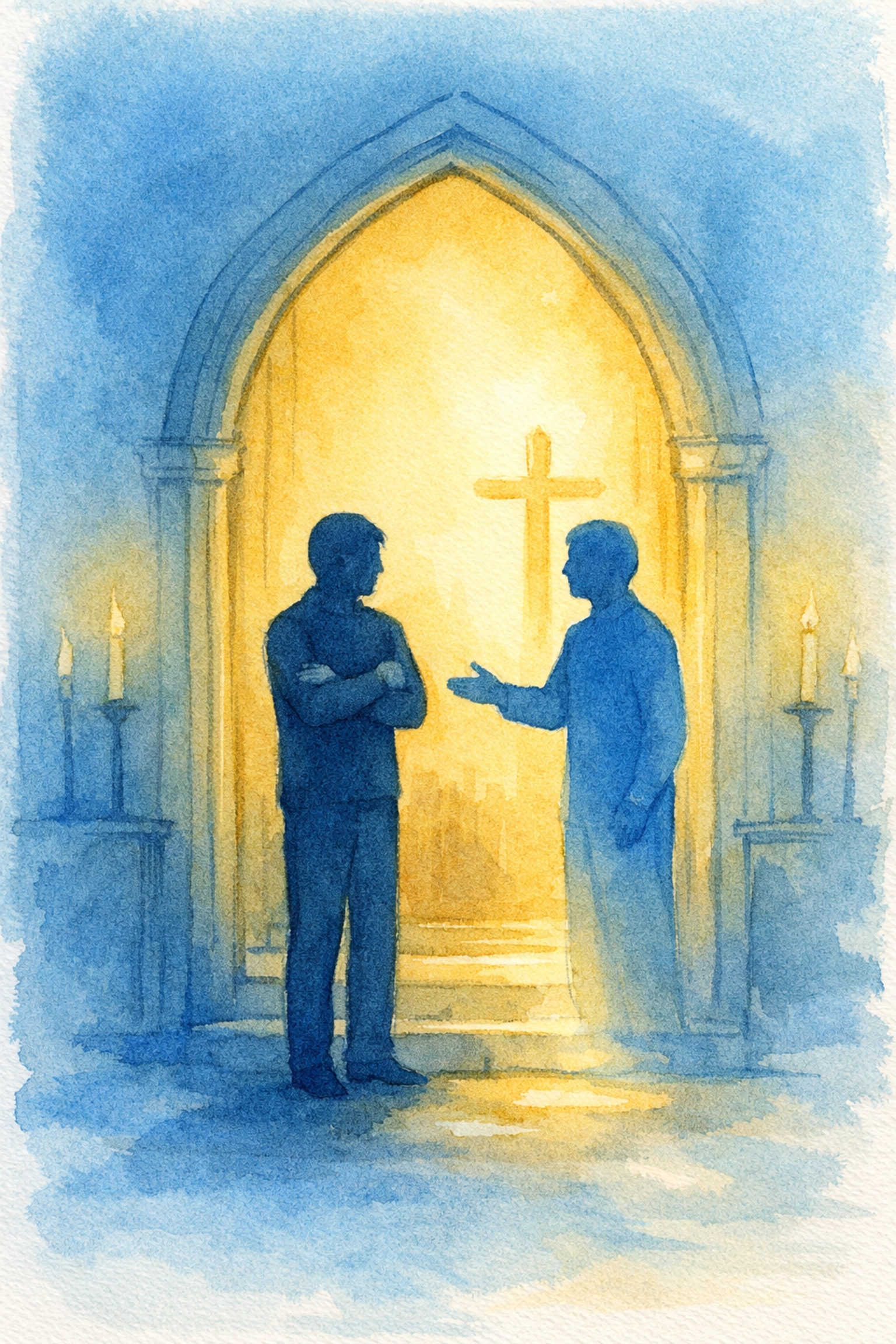 Church greeter reading body language of visitor with crossed arms at entrance