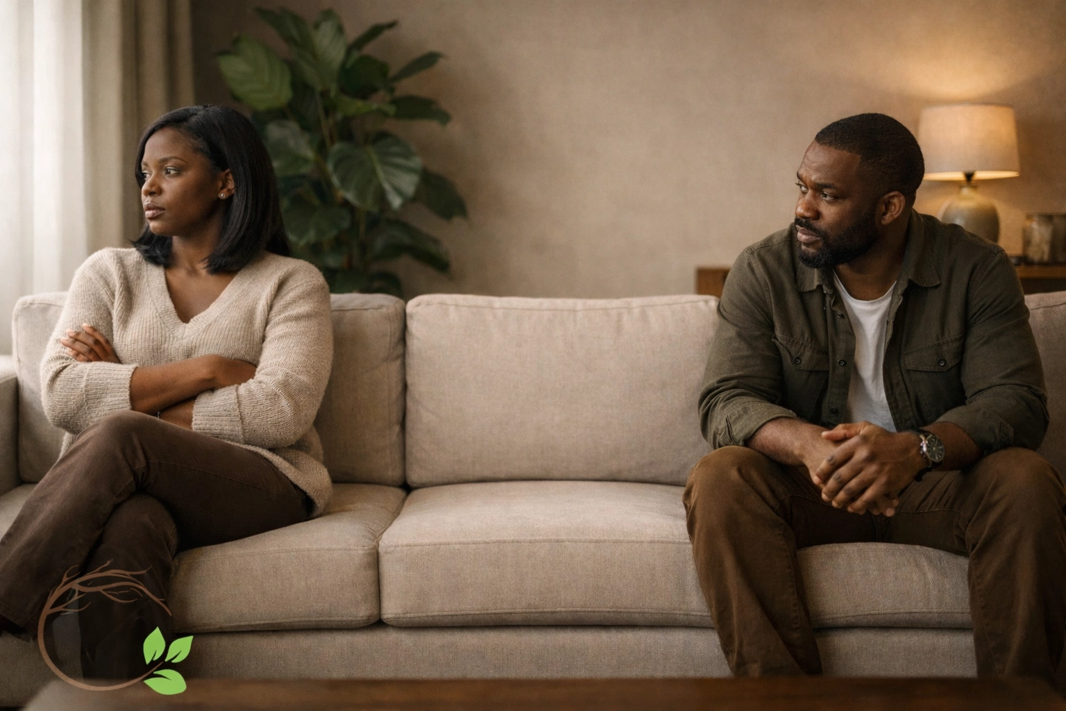 Black couple sitting apart on sofa showing emotional distance and disconnect in marriage