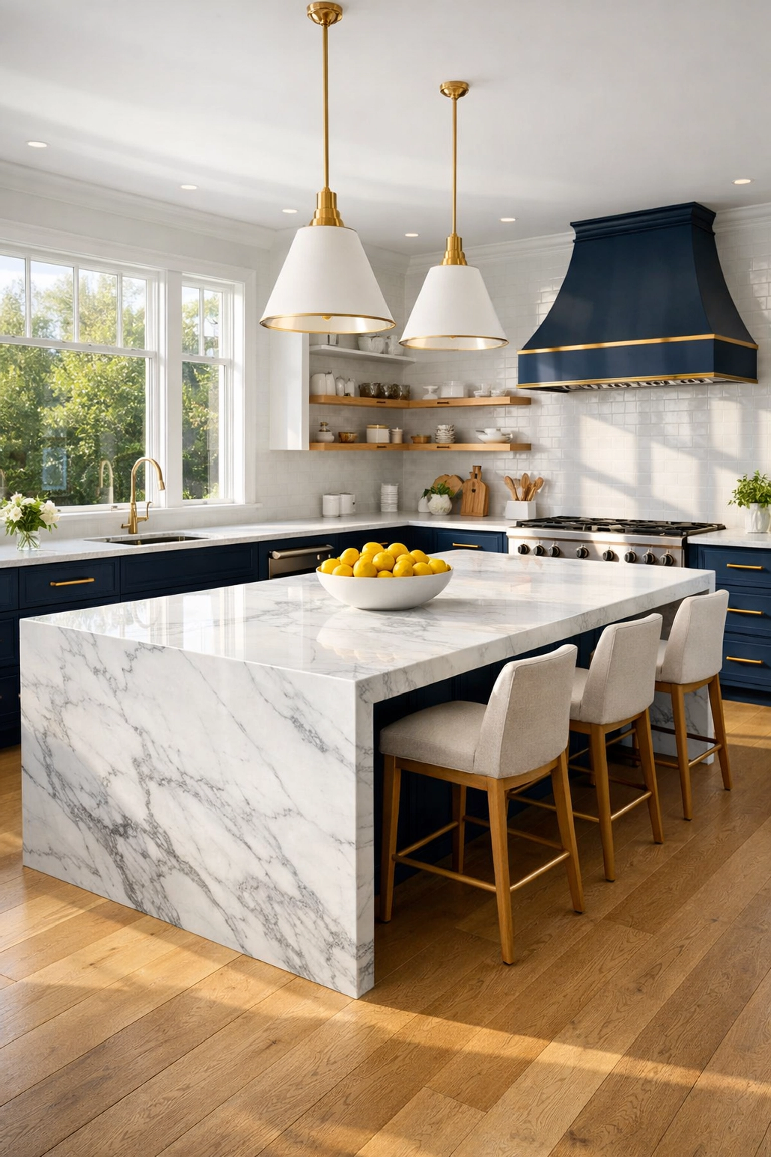 Pristine luxury kitchen in Carlisle featuring a spotless marble island and clean hardwood floors.