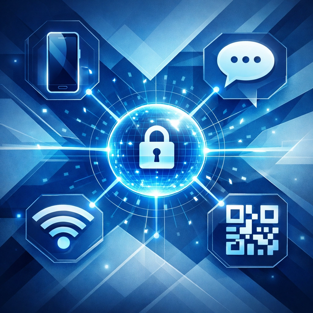 Digital network icon illustrating a multi-channel approach to social engineering and security threats.