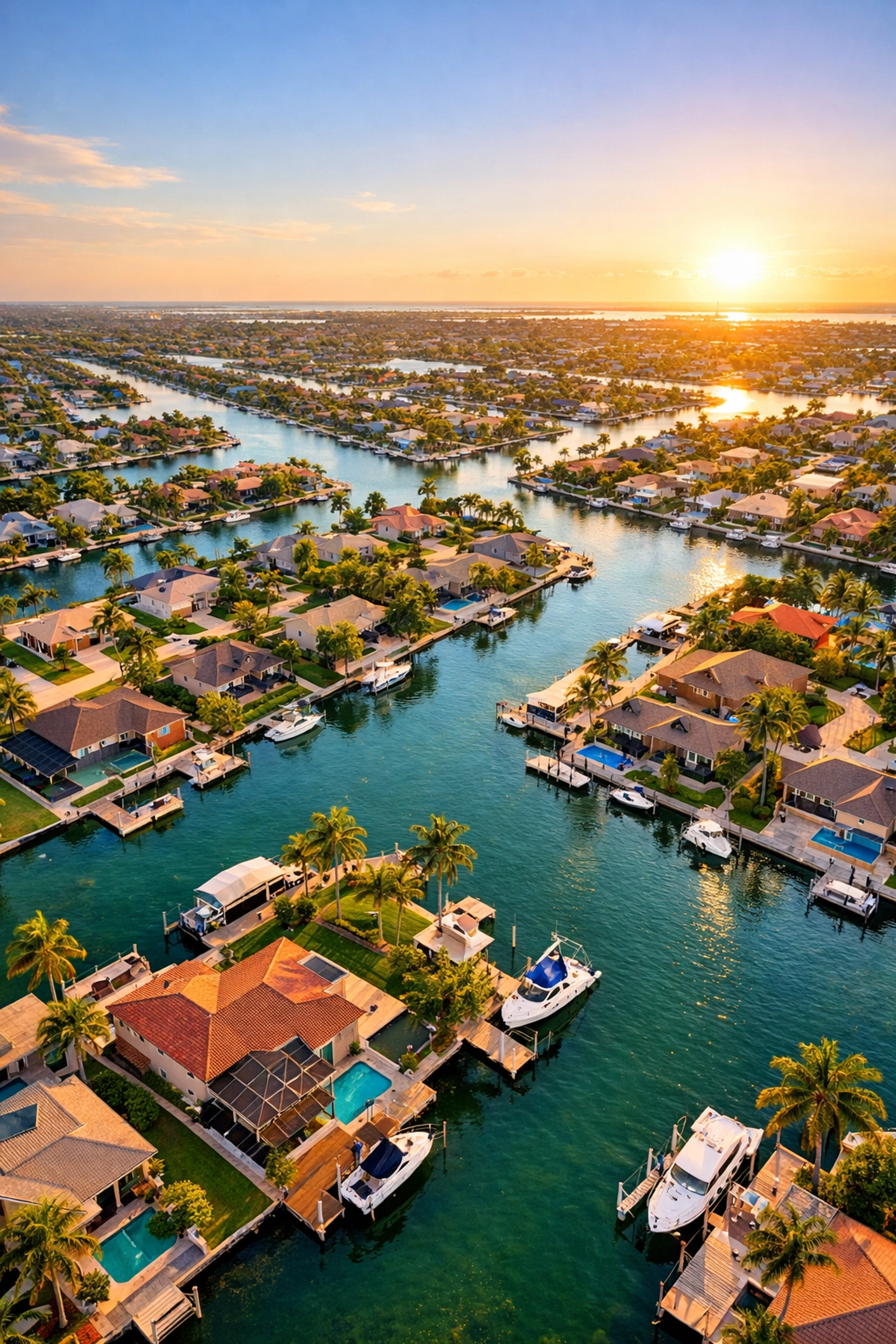 Aerial view of Cape Coral canal homes with boats and palm trees in Southwest Florida