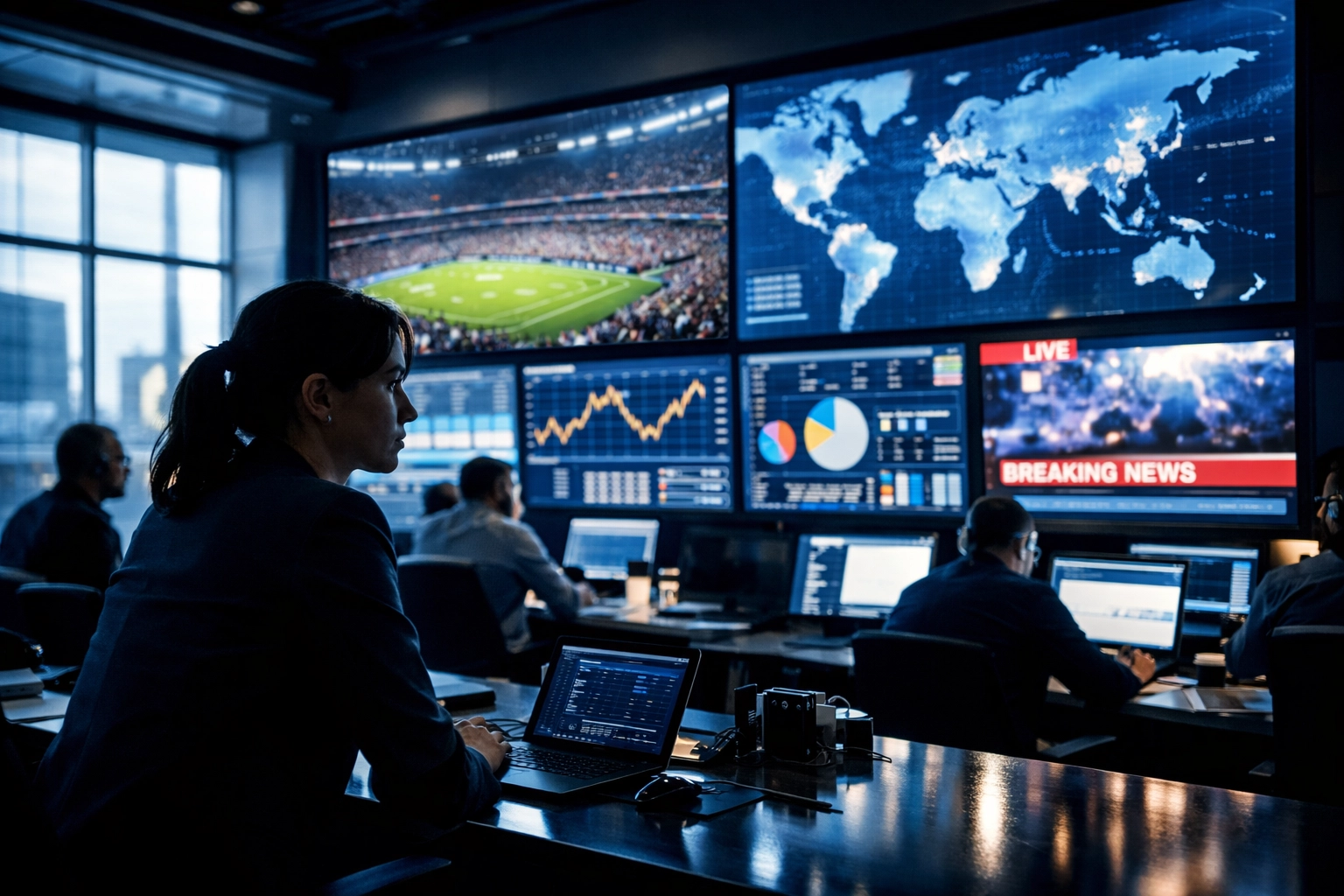 Marketing experts monitoring real-time sports media data in a high-tech corporate war room.