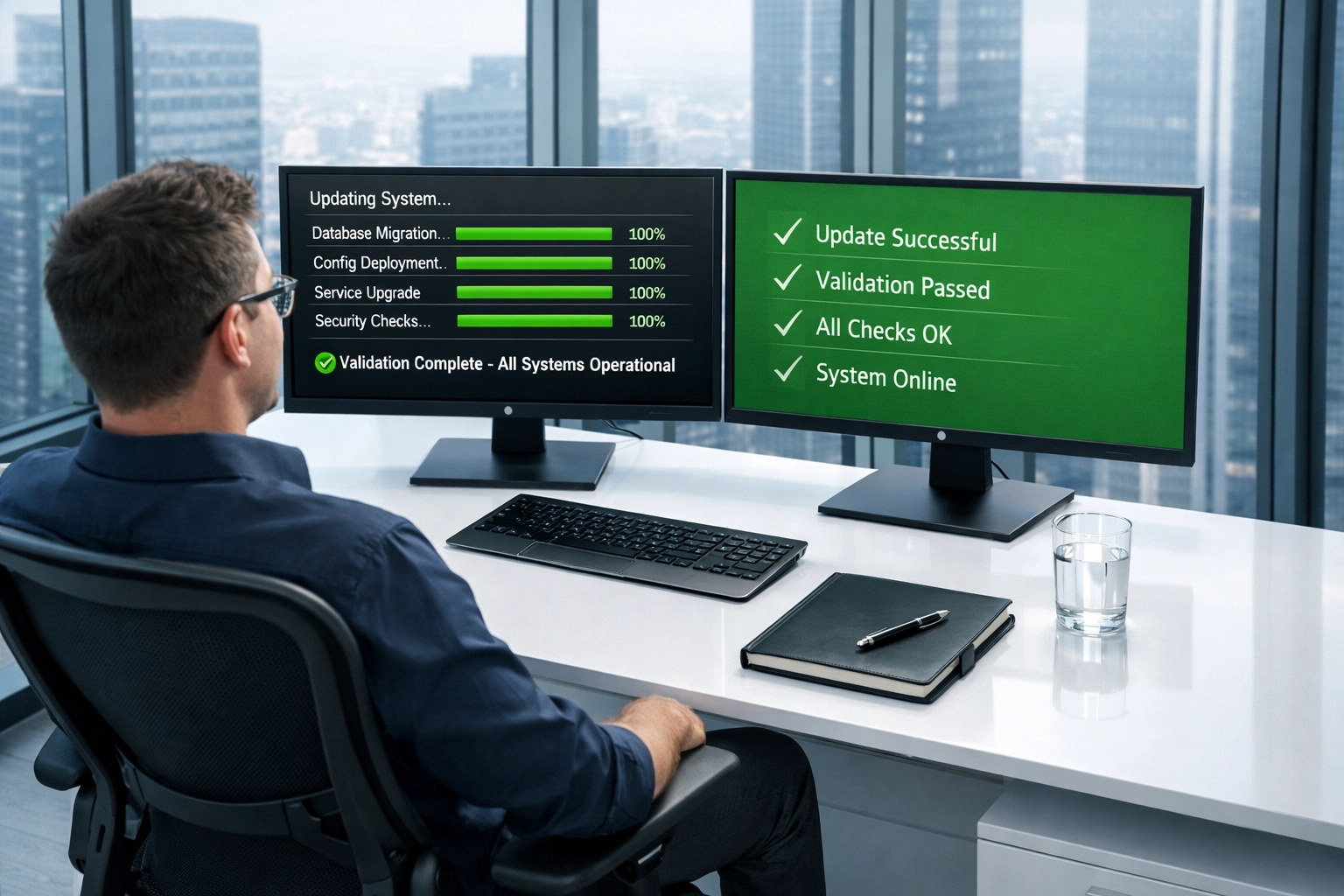 IT architect manages a seamless ServiceNow upgrade using automated testing for technical precision and reduced risk.