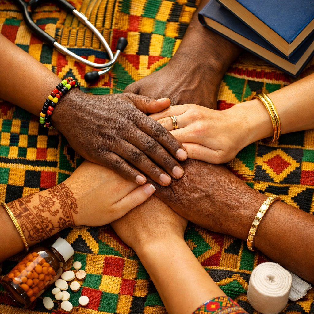 Diverse hands united over cultural textiles symbolizing global healthcare collaboration