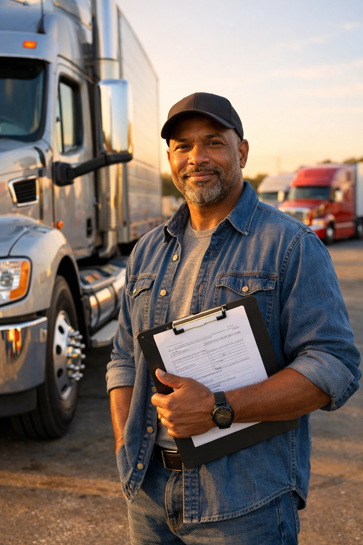 Owner-operator truck driver starting trucking company with semi-truck and business paperwork