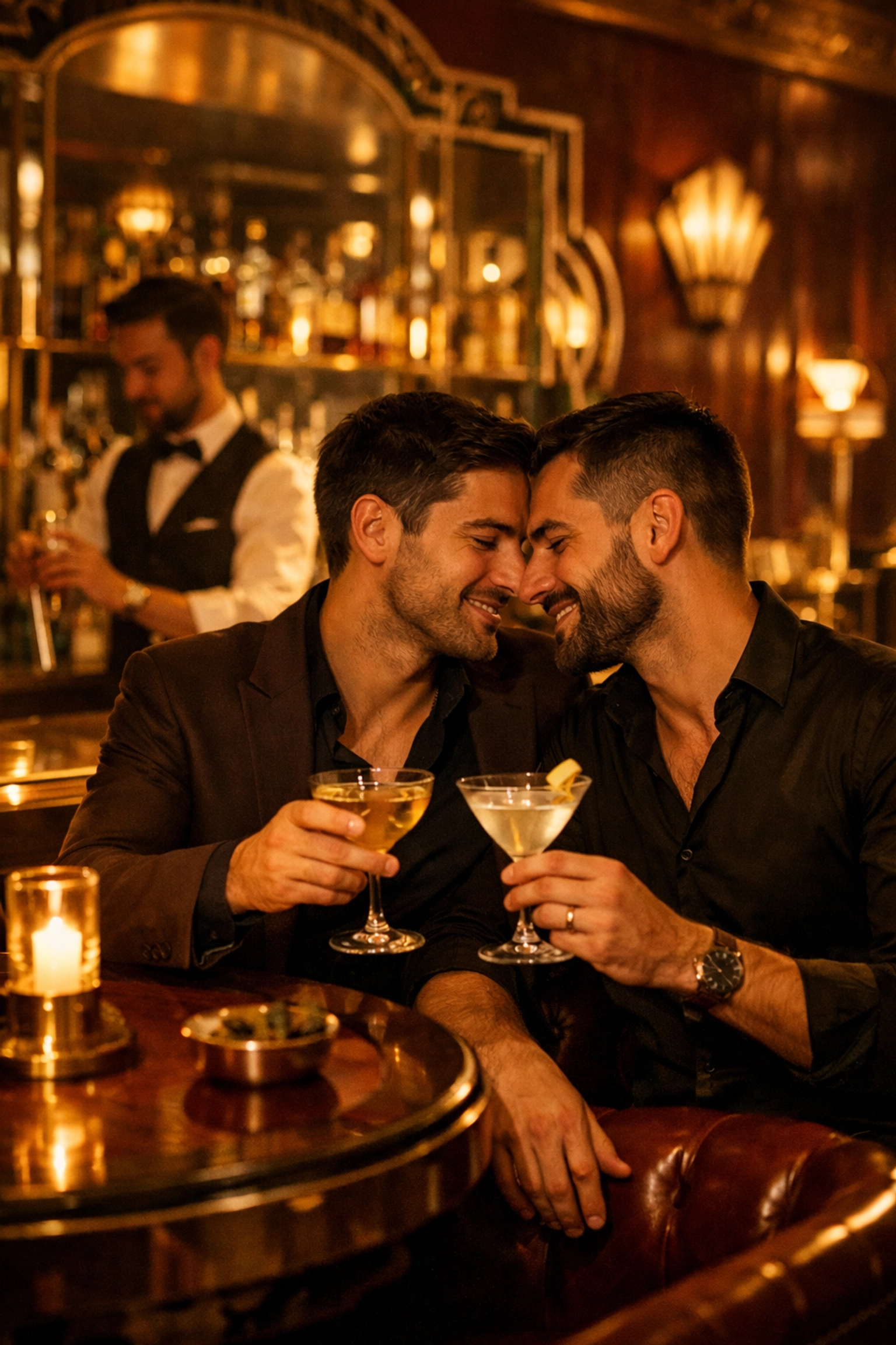 Gay couple enjoying cocktails at upscale Chueca bar in Madrid