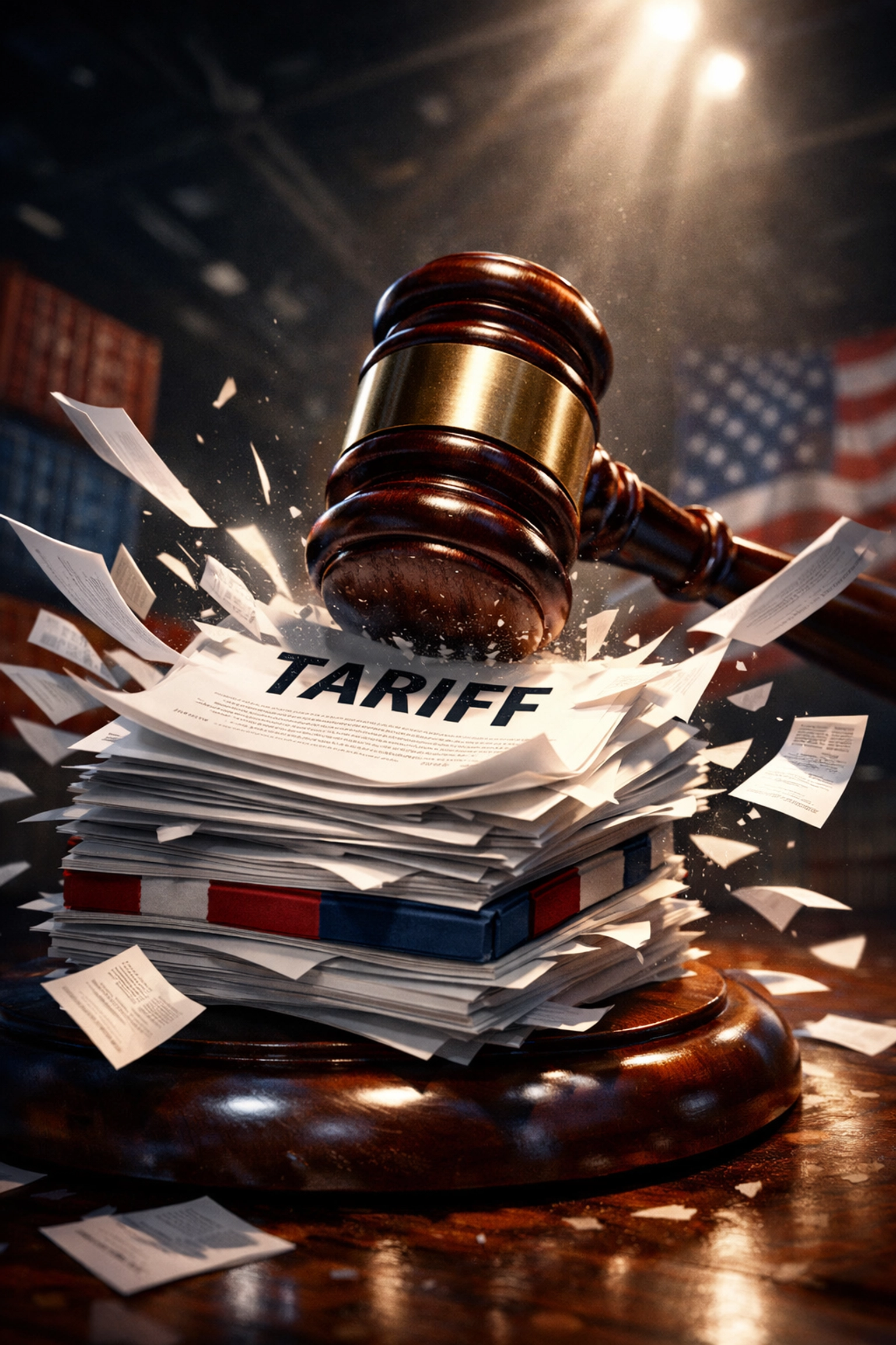 Supreme Court gavel striking down tariff documents symbolizing the ruling against presidential tariff authority