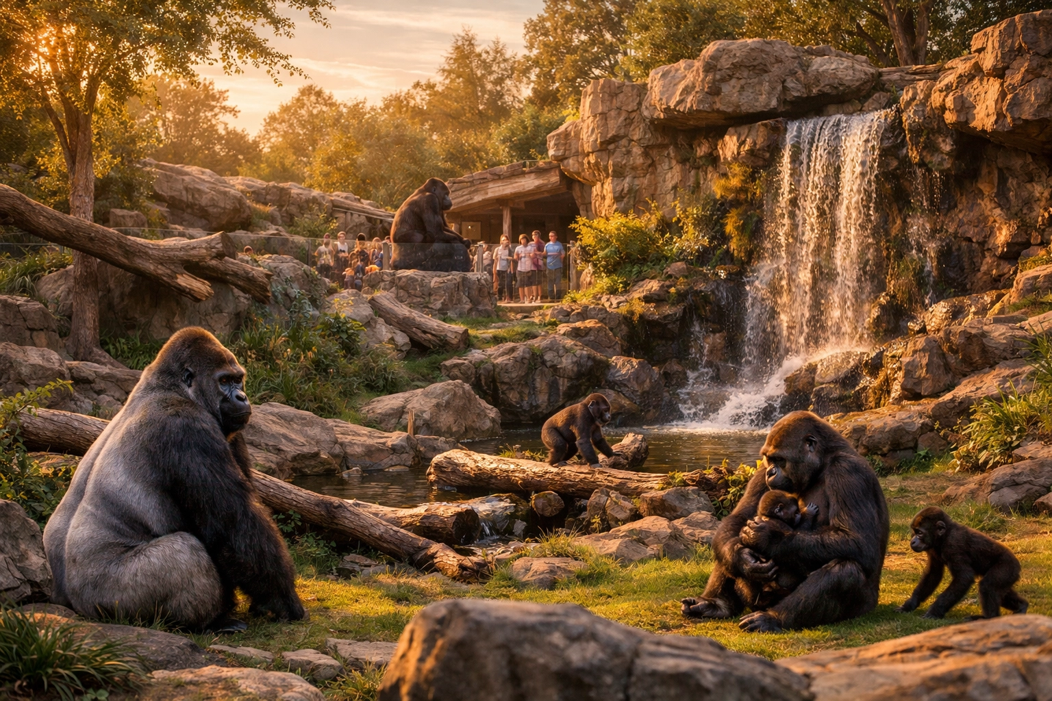 Naturalistic gorilla habitat with visitors observing wildlife through seamless viewing area