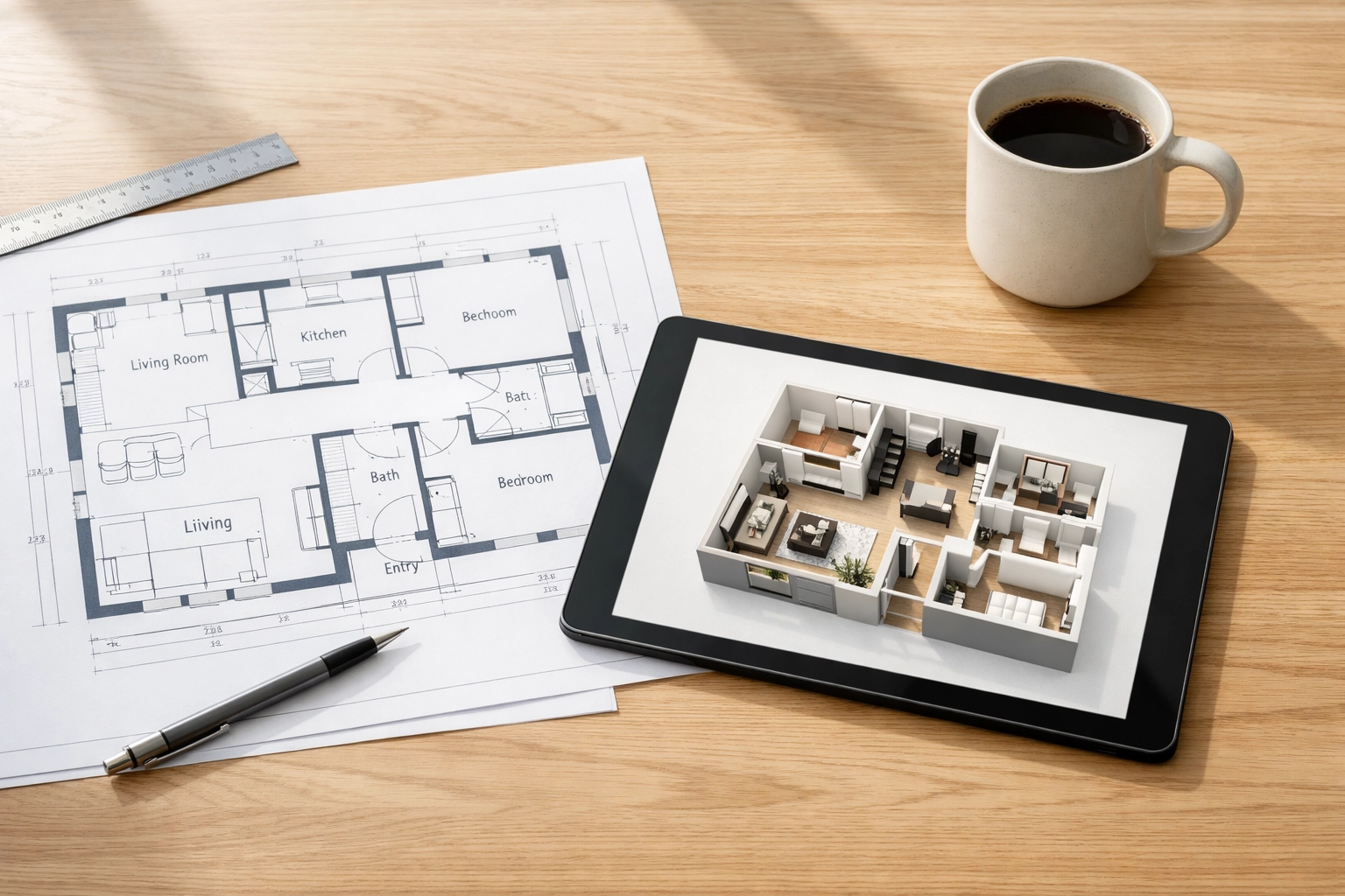 Architectural blueprints and a digital floor plan on a sun-drenched table for custom home planning.