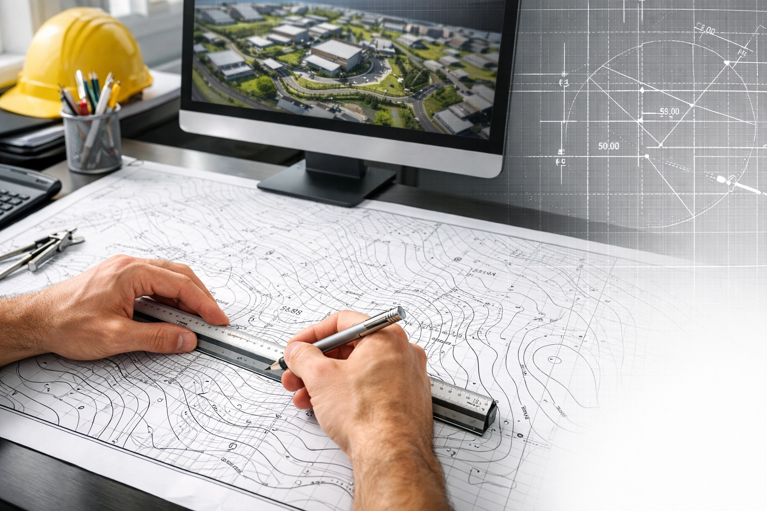 A civil engineer marking elevations on a topographical survey map for GTA building permit drawings.