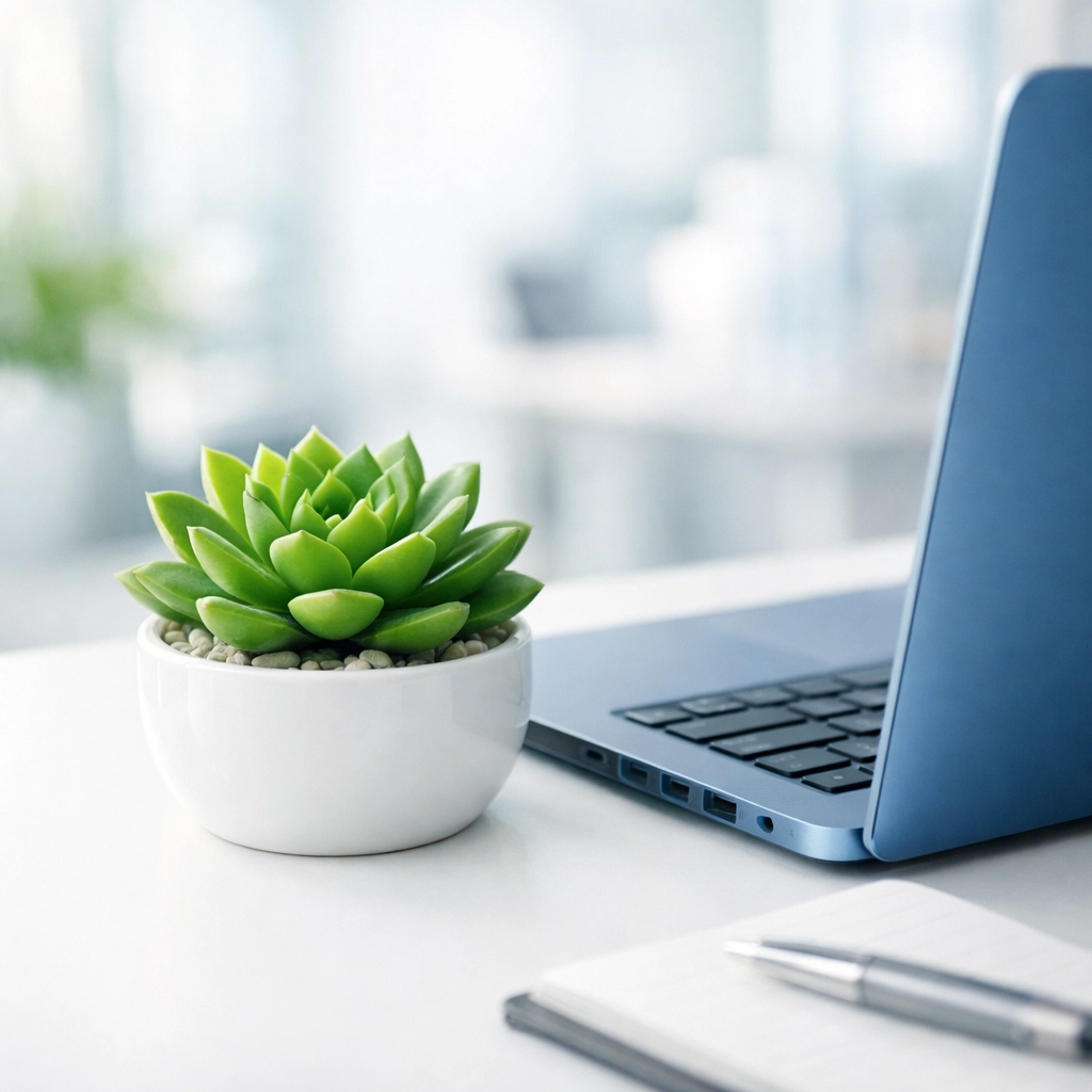 A sanitized minimalist office desk with a green plant, highlighting a fresh and healthy Melrose work environment.