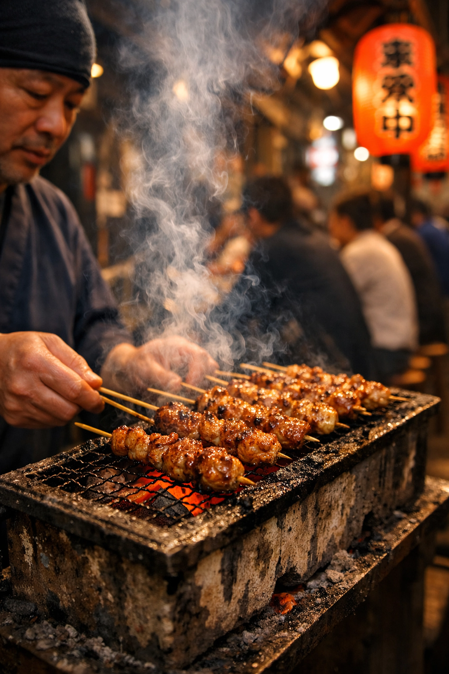 Grilled yakitori skewers at a Tokyo food stall, one of the best photography locations for travelers.