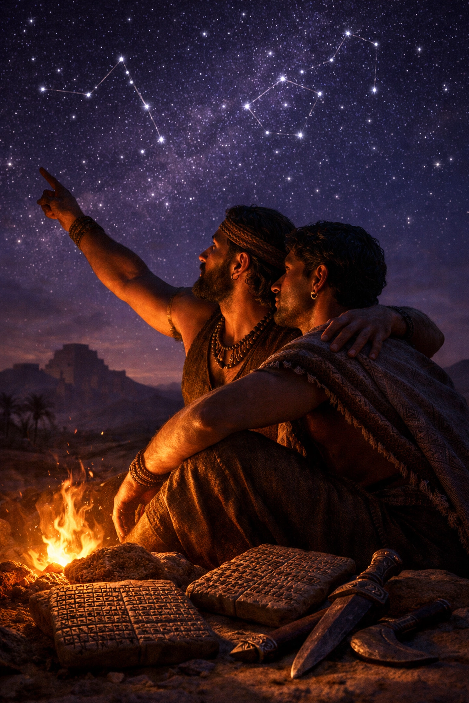 Gilgamesh and Enkidu share intimate moment under stars - origins of gay literature in ancient epic