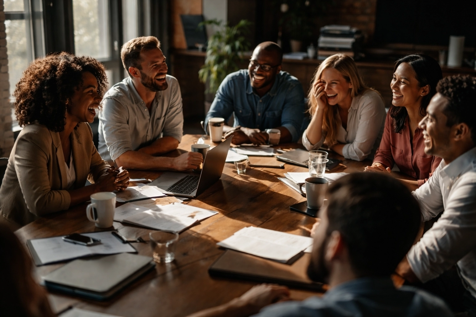 Diverse employees sharing a candid, joyful moment around a conference table, highlighting real stories in brand film