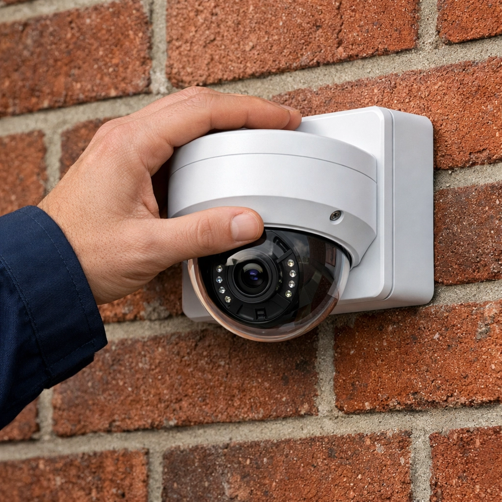 Professional technician performing a clean and tidy CCTV installation on a red brick wall in Southampton.